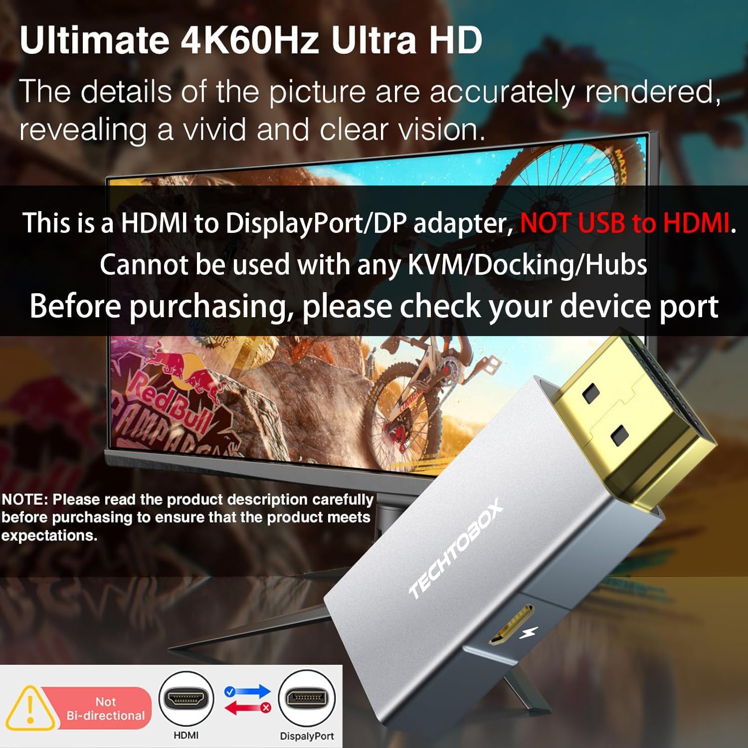 TECHTOBOX Adaptador HDMI a DisplayPort 4K a 60Hz, convertidor HDMI activo macho a DP hembra, no bidireccional HDMI a puerto de pantalla para