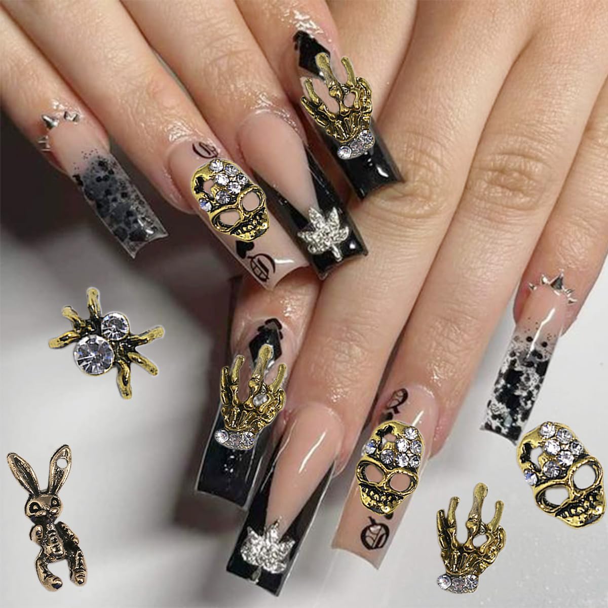 20 dijes de uñas de Halloween 3D dorado y plateado para uñas, diamantes de imitación góticos de calavera esqueleto, mano, araña, joyería de uñas,
