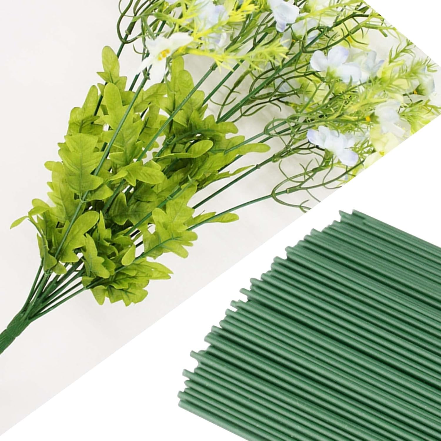 300 tallos florales de 16 pulgadas, tallos florales de calibre 2 para manualidades, corona de alambre y arreglos florales, verde oscuro