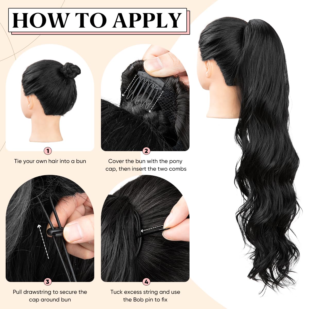 Extensiones de cola de caballo sintéticas resistentes al calor, 26 pulgadas de largo, esponjosas, onduladas, para mujer, color negro