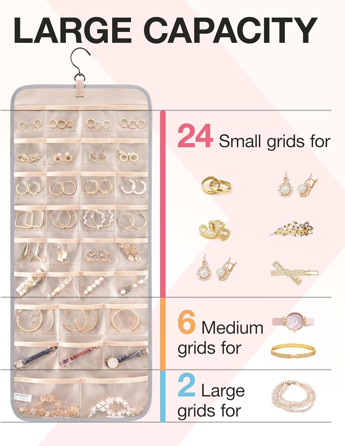 BAGSMART Organizador de joyas colgante rollo de almacenamiento con ganchos de metal de doble cara para aretes, collares, anillos en el armario,