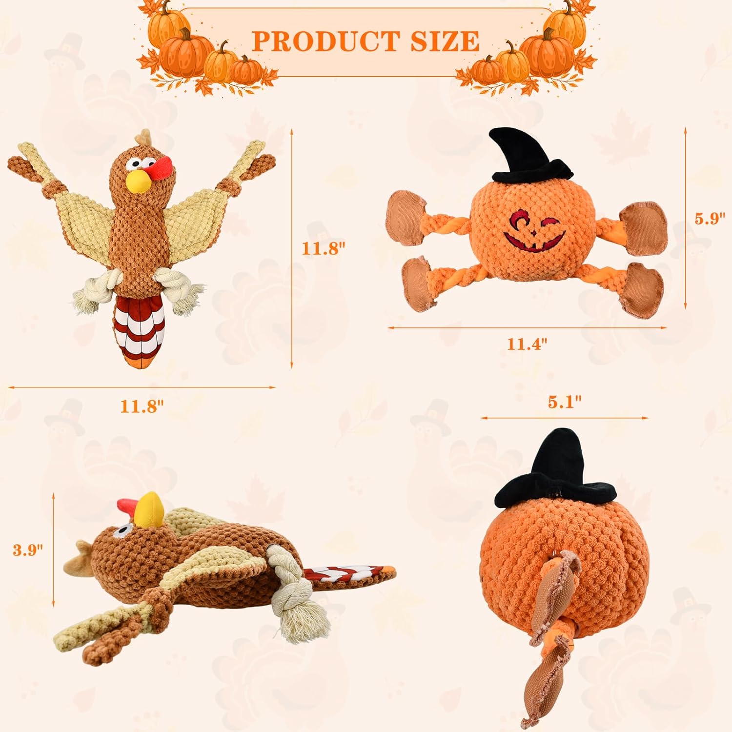Vehomy Juguetes de Halloween para perros, juguetes chirriantes para perros de Acción de Gracias, calabaza, Acción de Gracias, pavo, juguete
