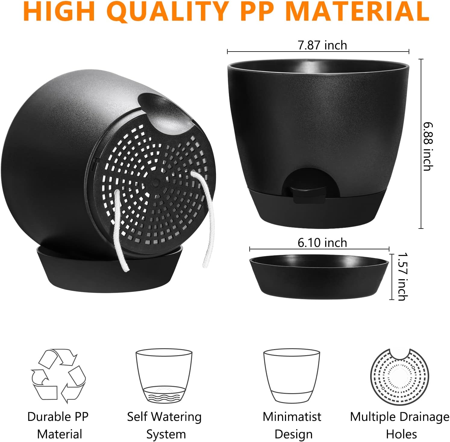 Macetas de 8 pulgadas para interiores, paquete de 2 macetas grandes de riego automático, macetas de plástico con soportes de drenaje y platillos