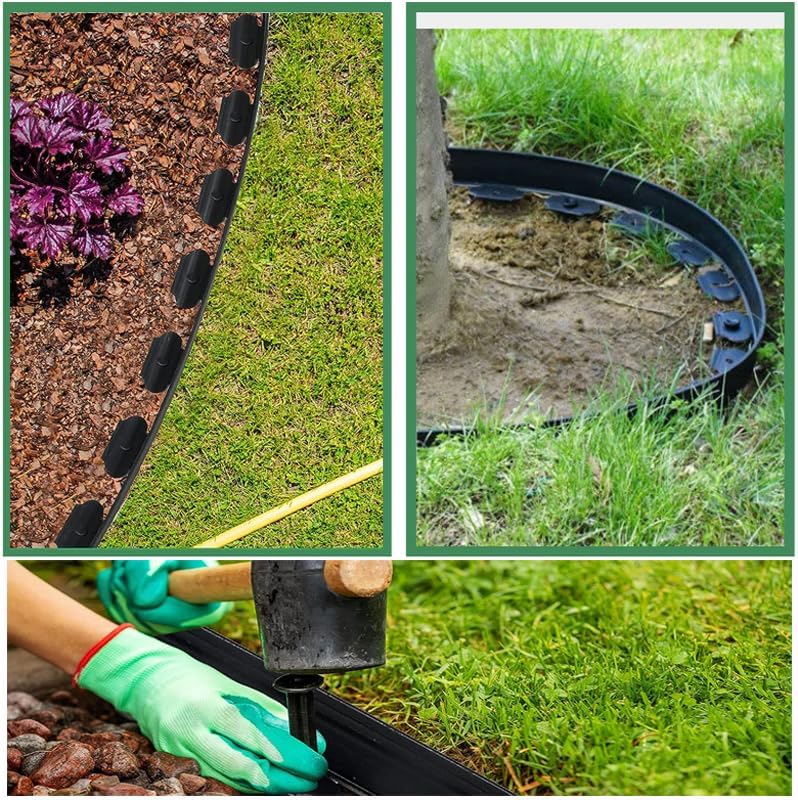 Kit de bordes de plástico sin excavación con 30 picos para jardinería de césped y jardines de flores, 4 pulgadas de alto, 33 pies de longitud (negro)