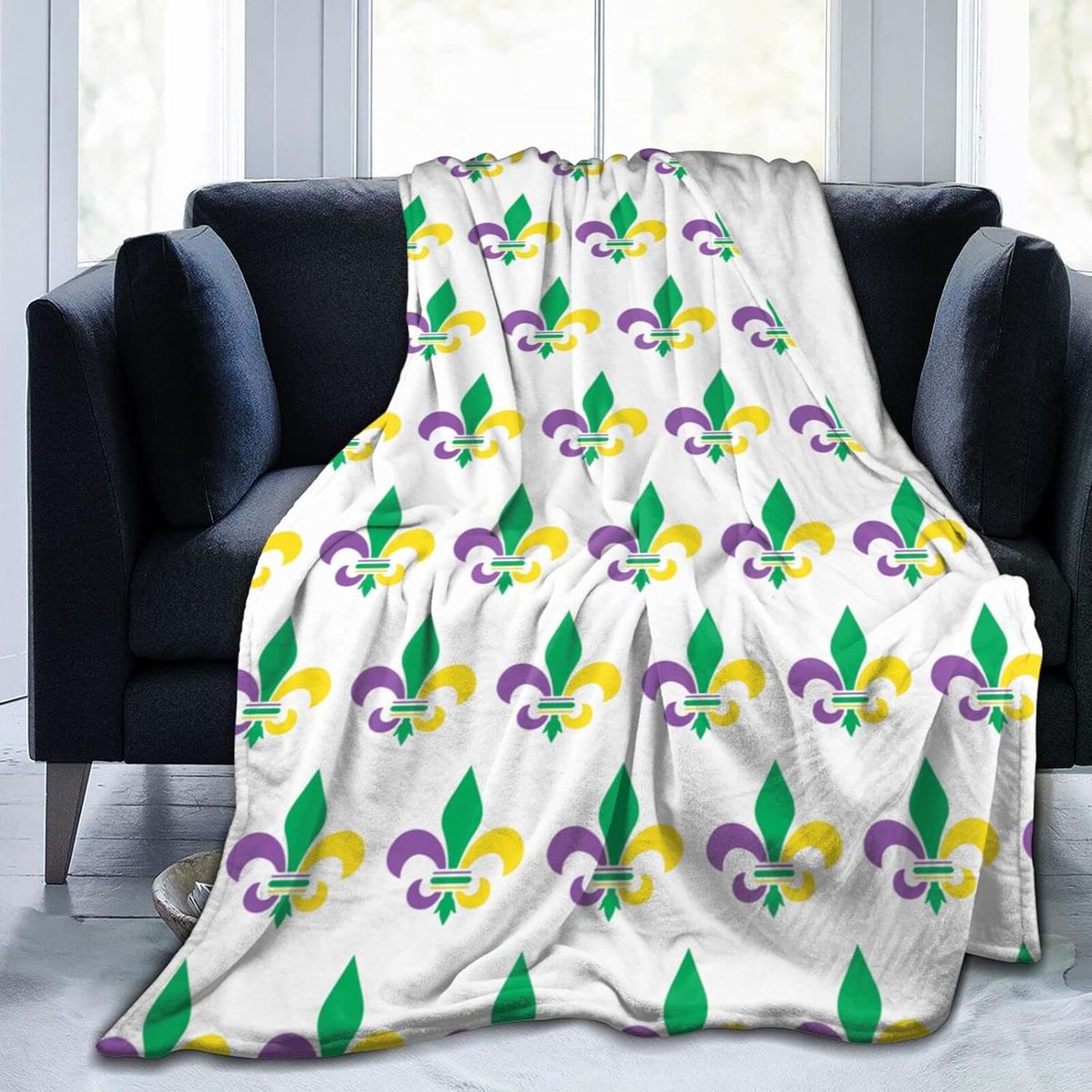 Manta de franela de Mardi Gras con diseño de flor de lis, suave, mullida, acogedora, para sofá, cálida y decorativa