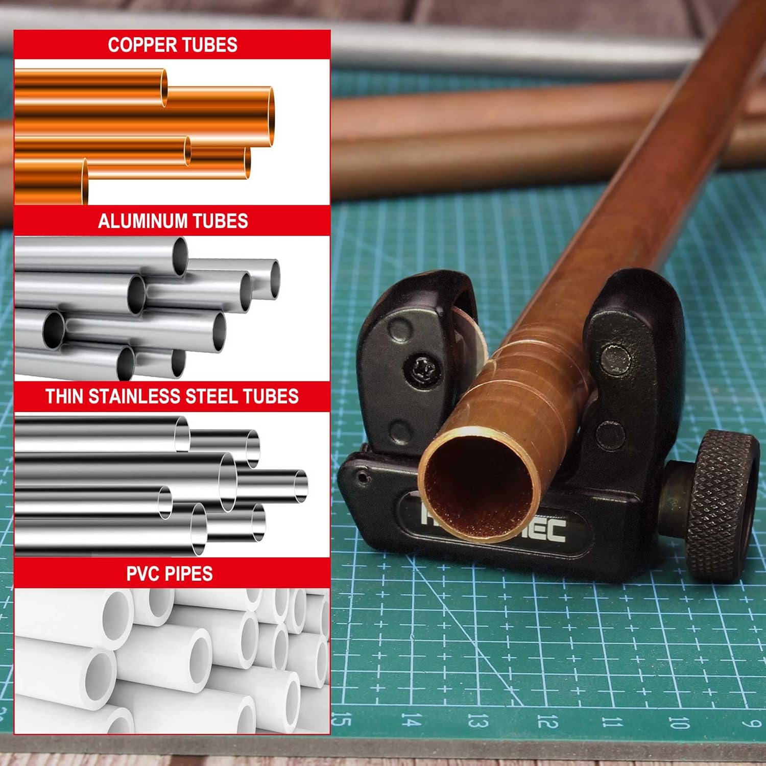 Hautmec Cortador de tubos Pro Compact de alta resistencia, cortador de tubos de 18 a 1-18 pulgadas de diámetro exterior (0.118-1.181 in), cortador