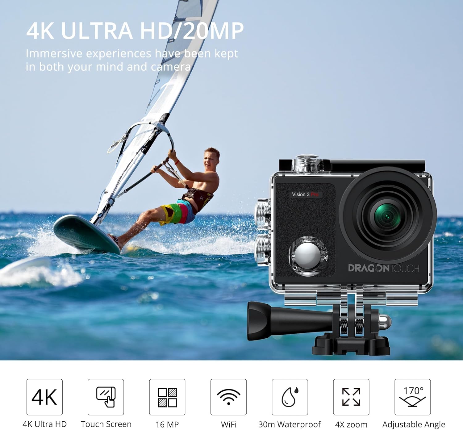 Dragon Touch Cámara de acción HD subacuática 4K, pantalla táctil Vision 3 Pro, 20MP 100 pies, impermeable, ángulo de visión ajustable, videocámara