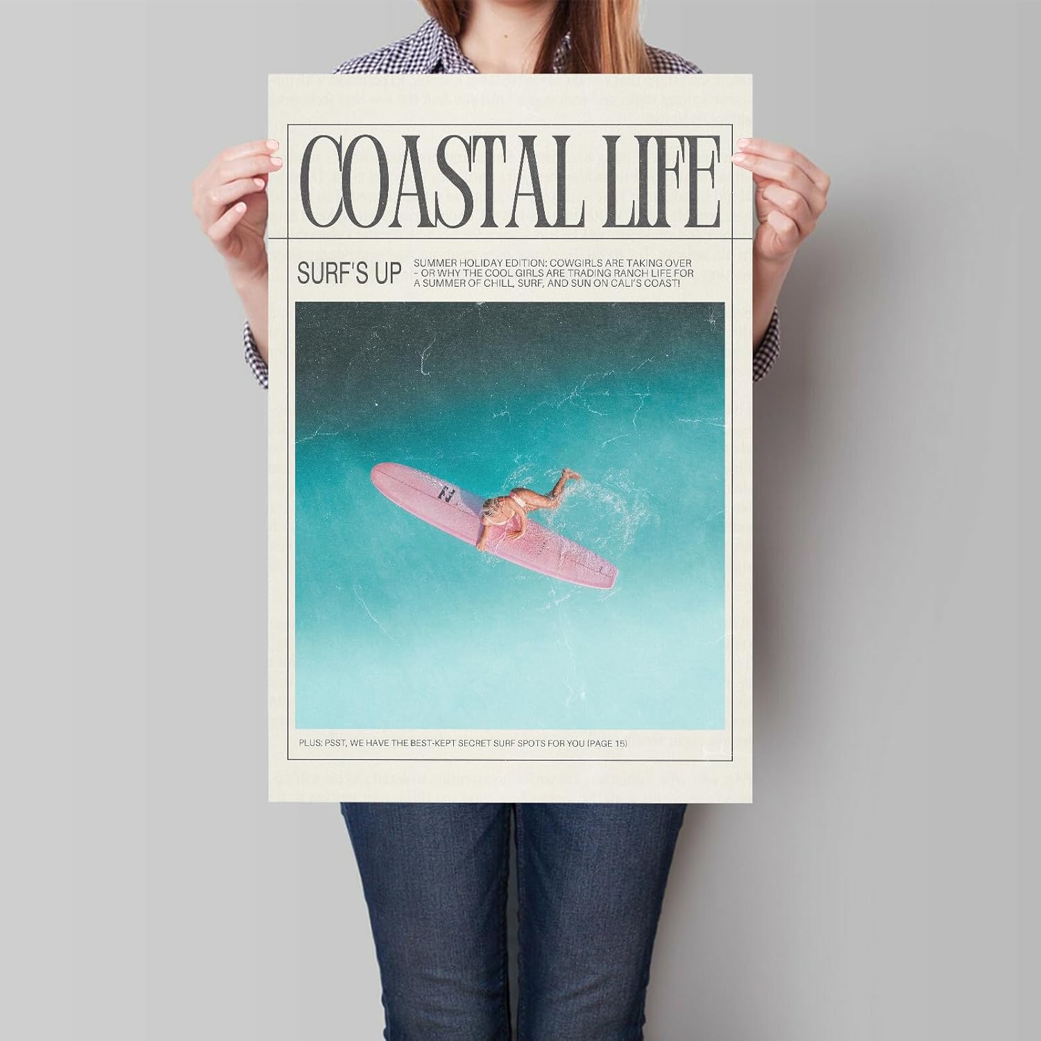 Nanxiwofee Lienzo decorativo para pared de niña surfista, póster para decoración de habitación de playa, tabla de surf, periódico, verano, playa,