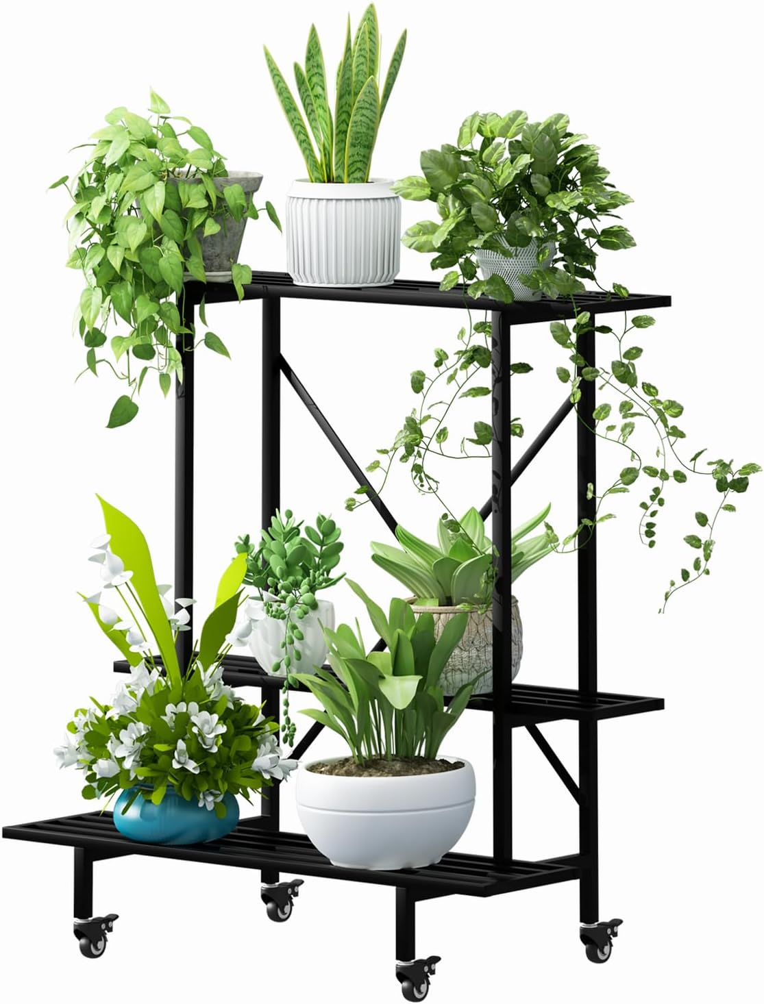 Zhongma Soporte para plantas de 3 niveles con ruedas, soporte de metal Heary Duty, 35.43 pulgadas de largo x 17.5 pulgadas de ancho x 38.6 pulgadas