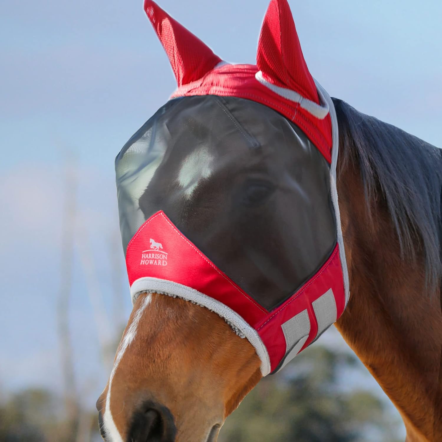 Harrison Howard CareMaster Pro – Máscara luminosa para mosca de caballo estándar con orejas, protección UV para caballo rojo, XL extra completa