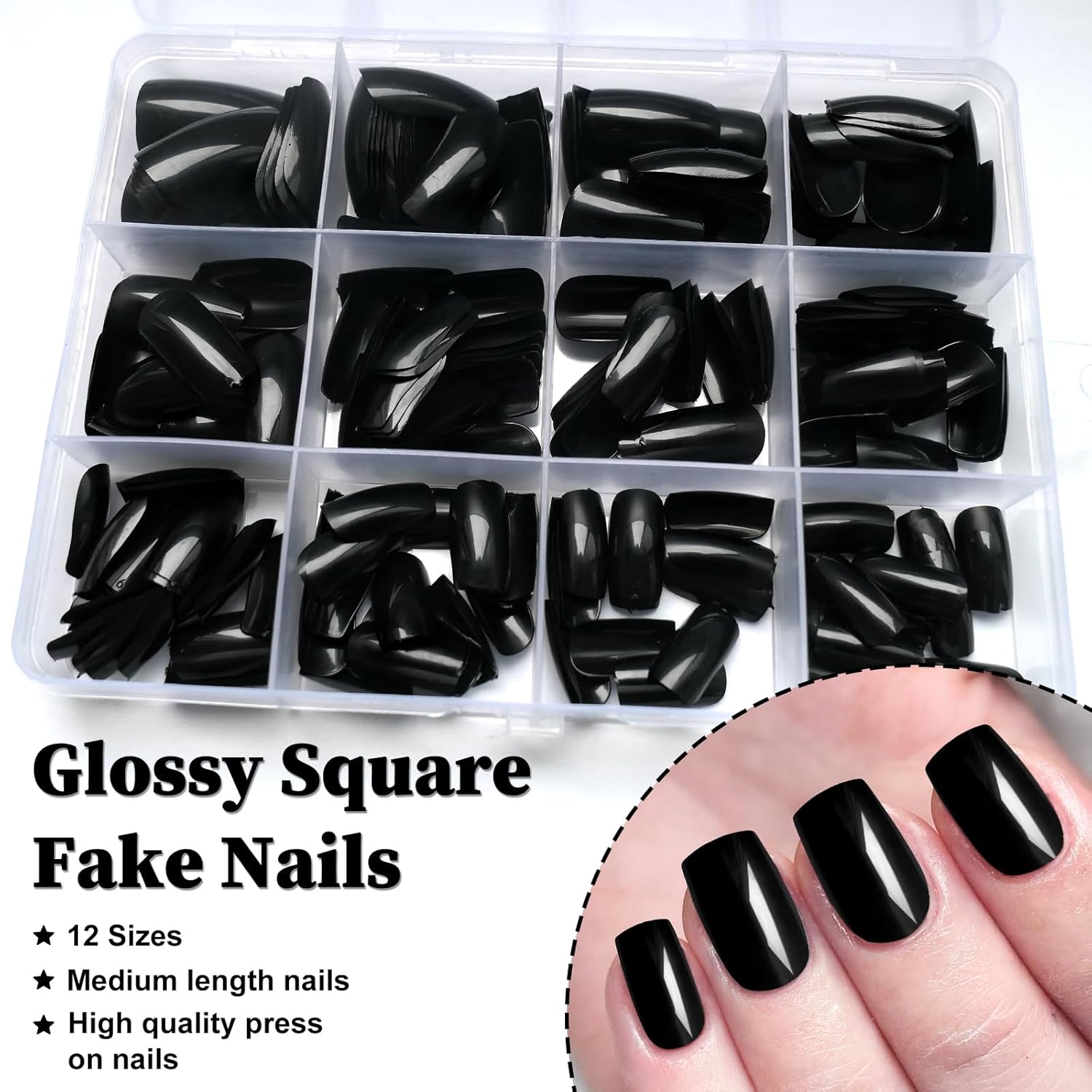 LoveOurHome 240 uñas postizas negras a presión, cuadradas medianas, uñas postizas cuadradas de gel, uñas postizas de gel, uñas postizas de color