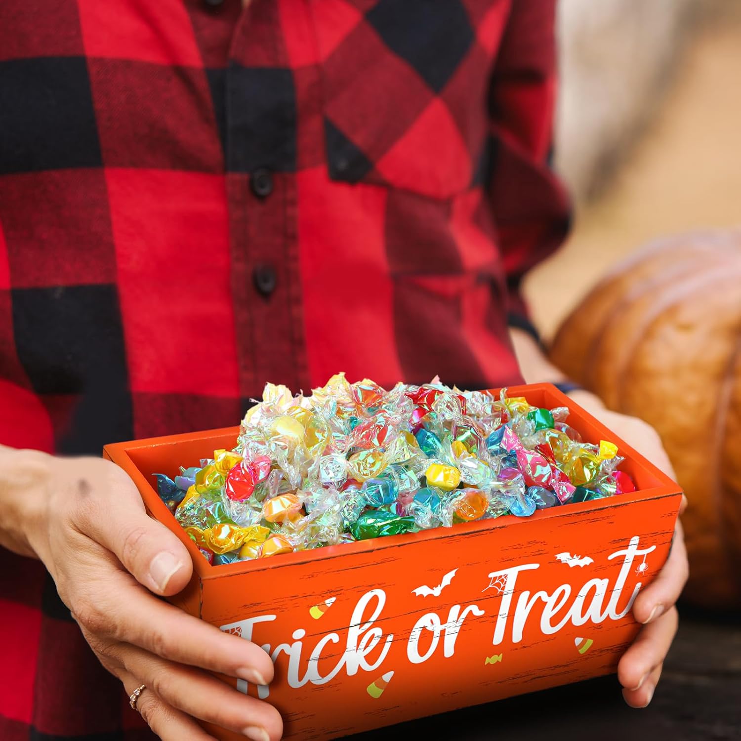 Cuenco de madera para dulces de Halloween, divertido plato para dulces de Halloween, soporte grande para platos de dulces de Halloween, vajilla de