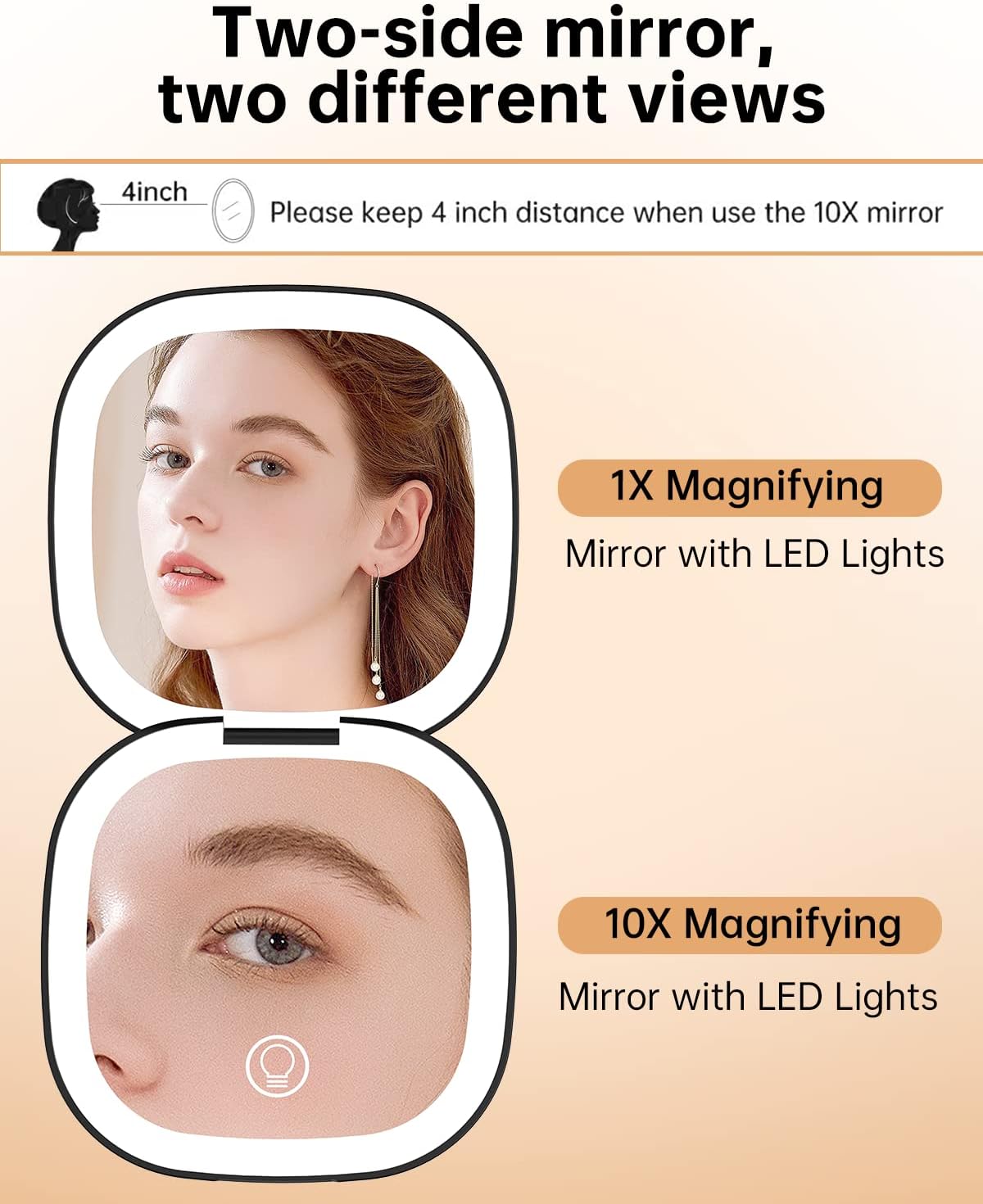 Gospire Espejo de maquillaje de viaje recargable de doble cara con luces y aumento 10X, espejo compacto LED con 3 colores de luz y brillo ajustable,