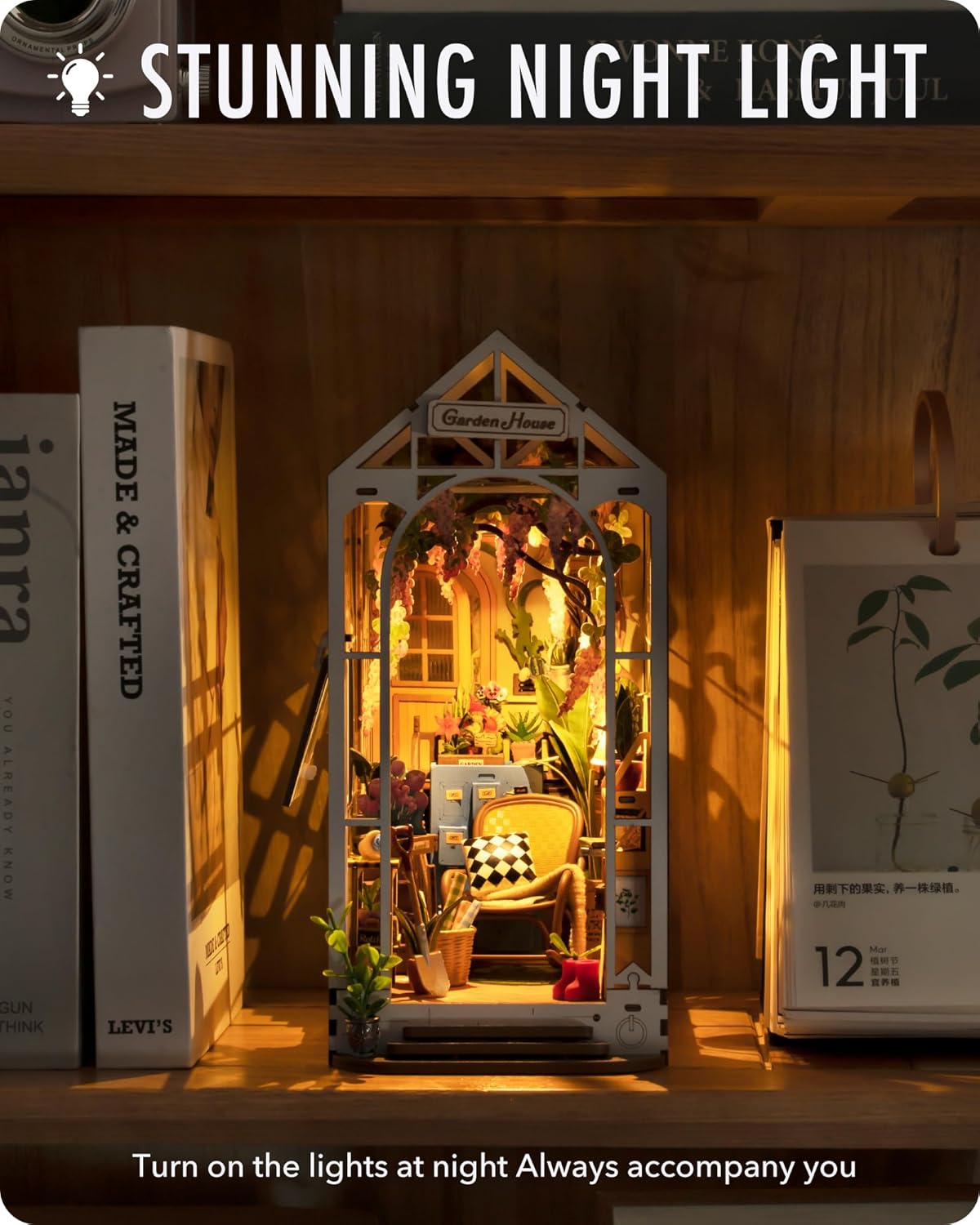 Rolife Kit de rincón de libros para bricolaje, sujetalibros creativo 3D, kit de rincón de libro en miniatura, soporte decorativo para estantería