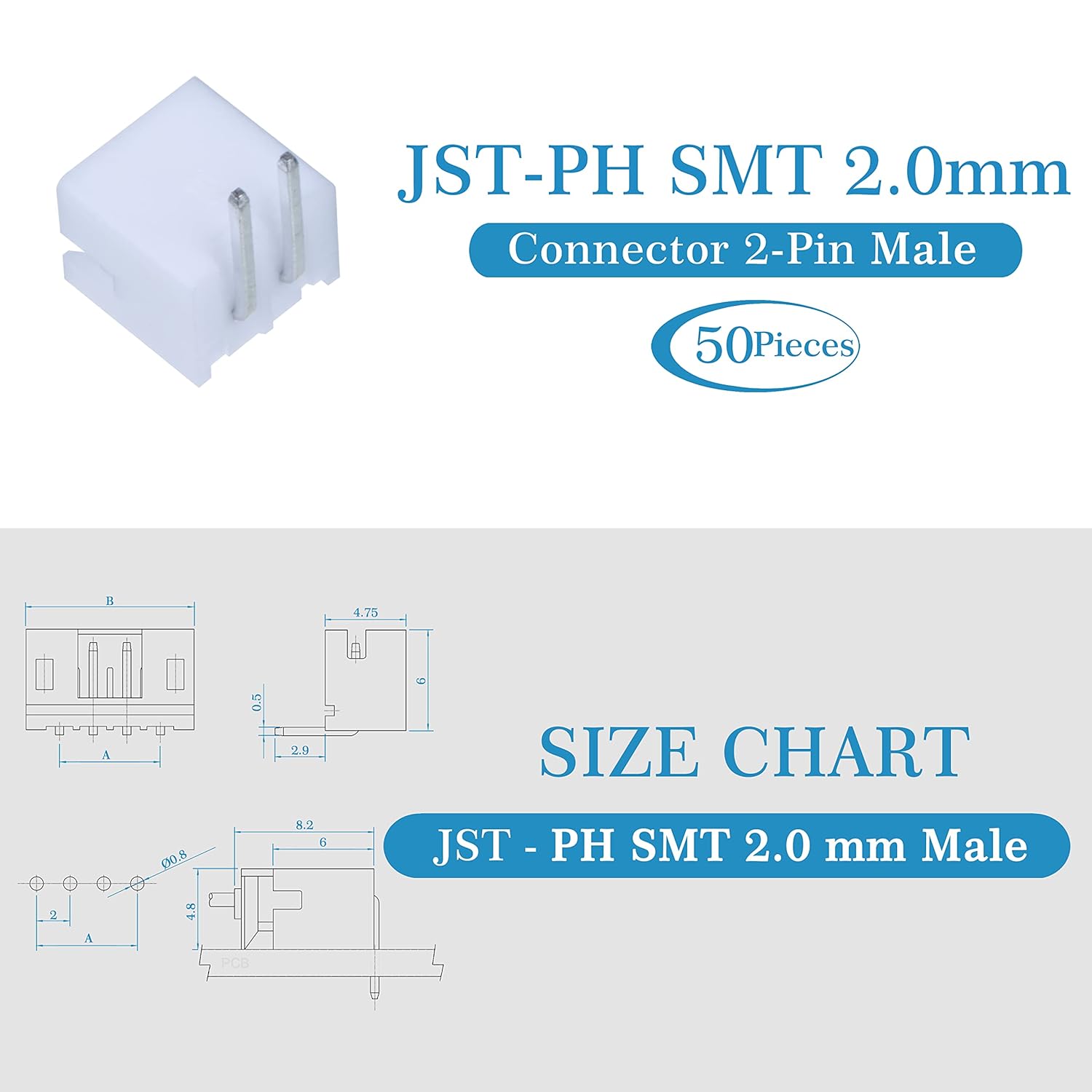 50 juegos200 piezas de 0.079 in de paso JST PH SMT 2-Pin IC Sockets & Plugs Adaptador Conector Macho y Hembra, Kit de DIP de crimpado. para cable de