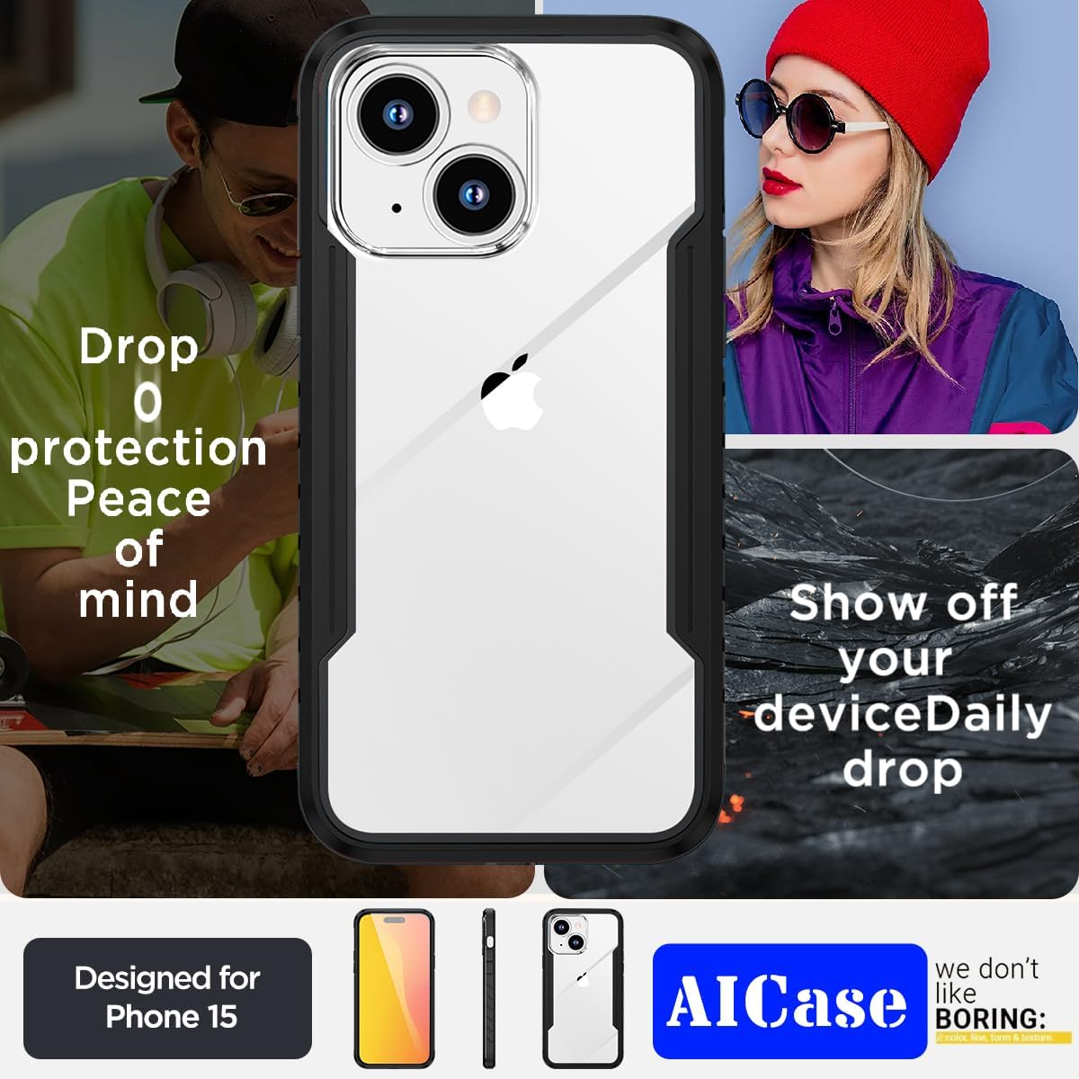 AICase Funda para iPhone 15 de titanio a prueba de golpes, transparente, de grado militar, prueba de caídas de 20 pies, marco de aluminio duradero,