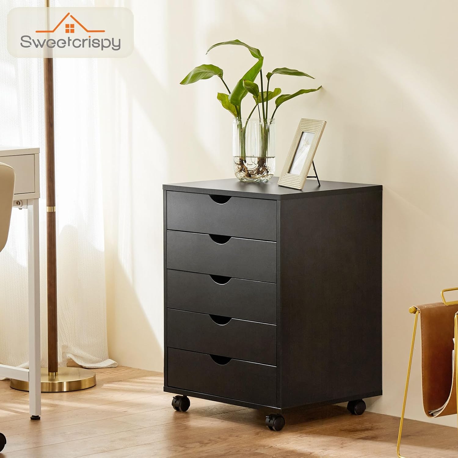 Sweetcrispy Cómoda de 5 cajones – Armarios de almacenamiento de madera con ruedas, organizador de habitación, cajones pequeños rodantes, muebles de