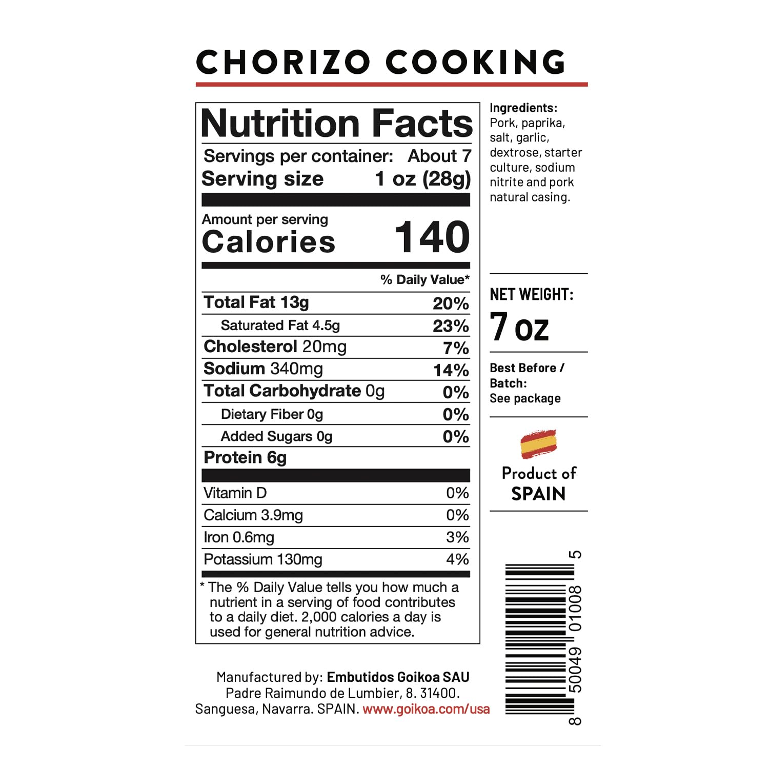 Goikoa Chorizo Oreado  Todo natural  Semiseco curado  Auténtica España Navarra  Perfecto para cocinar, freír y hacer barbacoa  7 oz (200 gr)