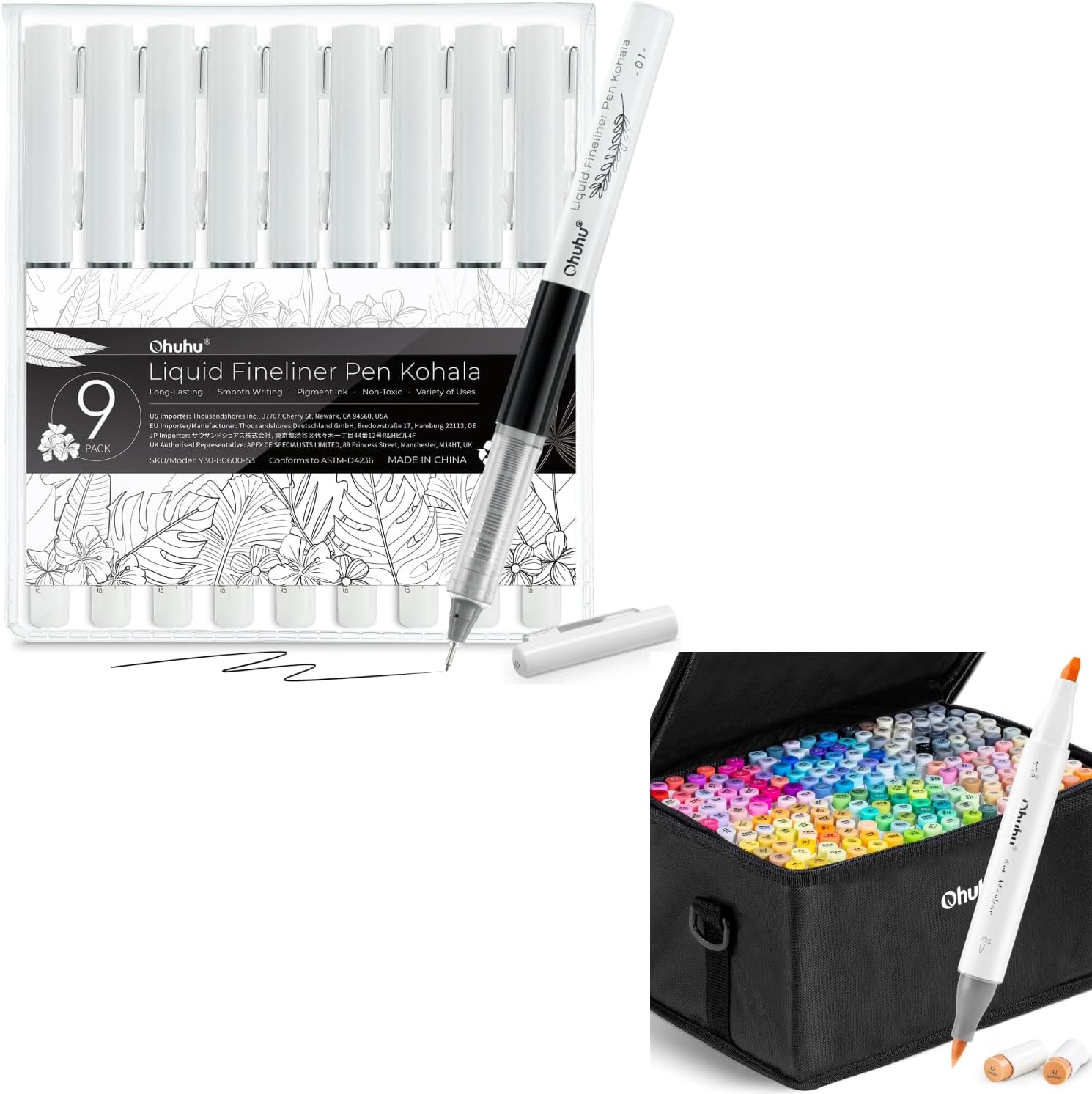 Ohuhu Bolígrafos fineliner líquidos, 9 tamaños, pigmento, tinta negra, microbolígrafos para bocetos, marcadores de alcohol, 216 colores, pincel y