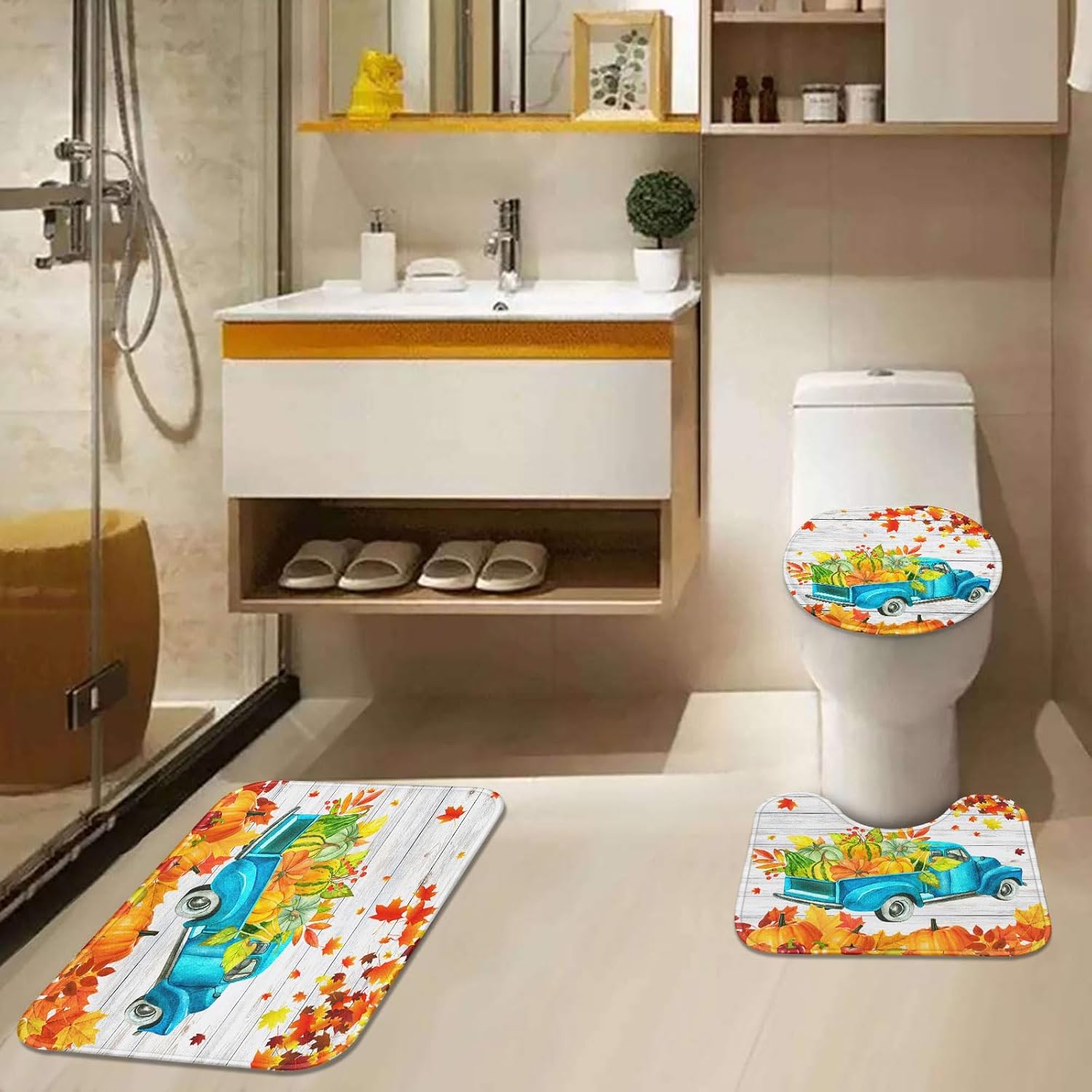 Arttown Juego de 3 alfombras y tapetes de baño con diseño de calabazas otoñales, antideslizantes, de madera de color naranja otoñal,