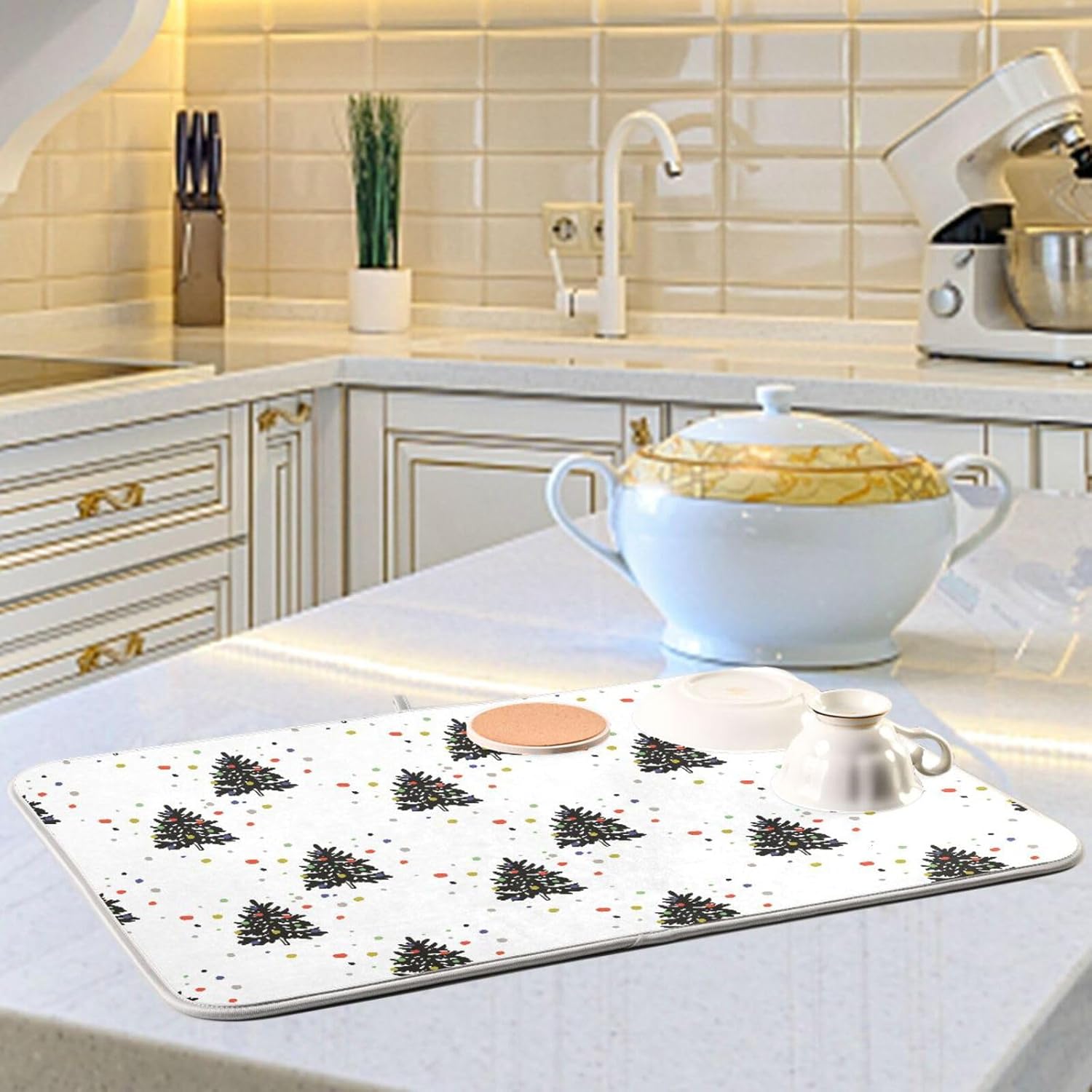 Christmas Fir Trees Dish Mat Washnable Absorbent Kitchen Counter Mat Dish Drainer Mat Tapete Para Cocina 16” x 18”