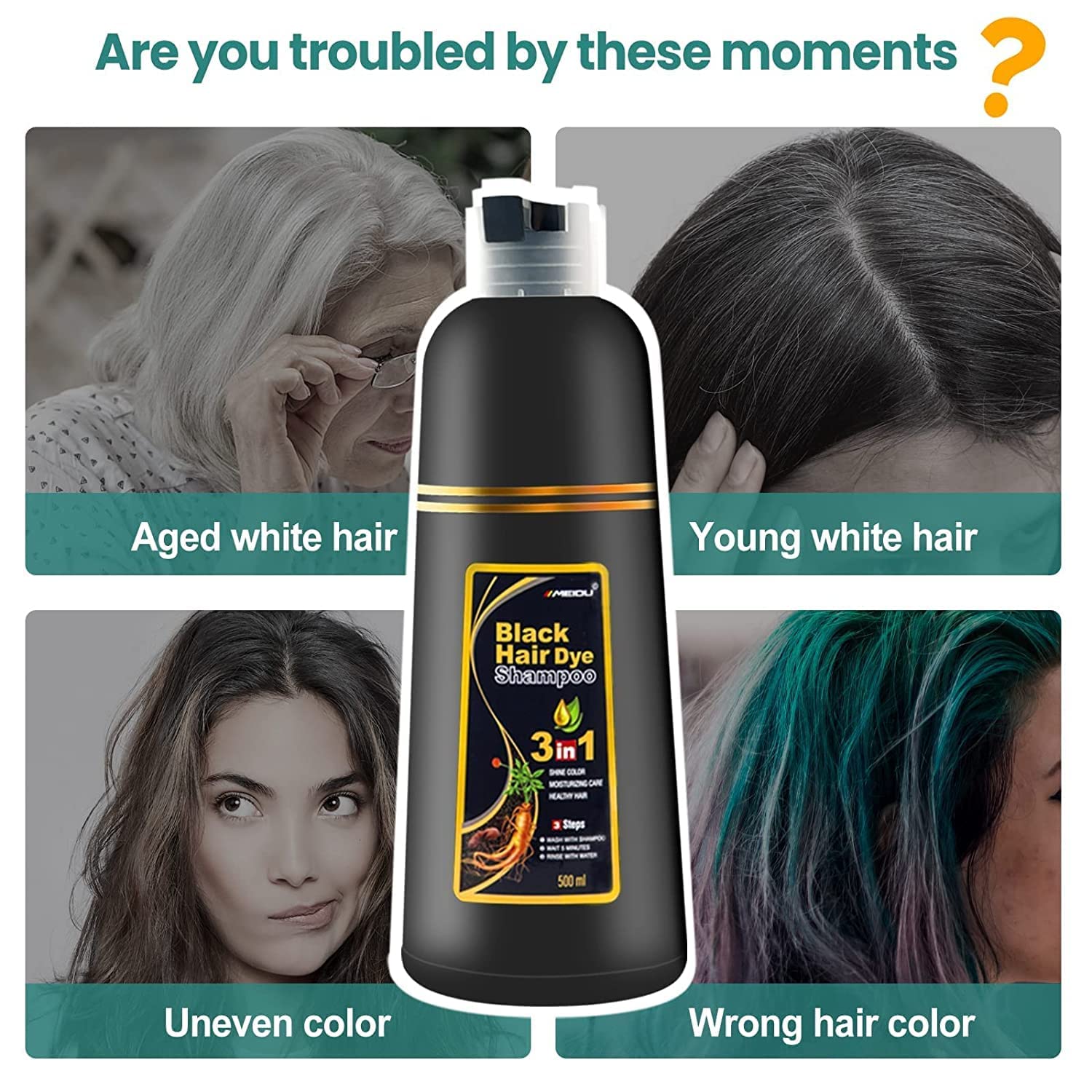 Champú de color negro instantáneo para cabello gris, champú fácil de teñir el cabello, 3 en 1, permanente, 100% cobertura de canas, coloración