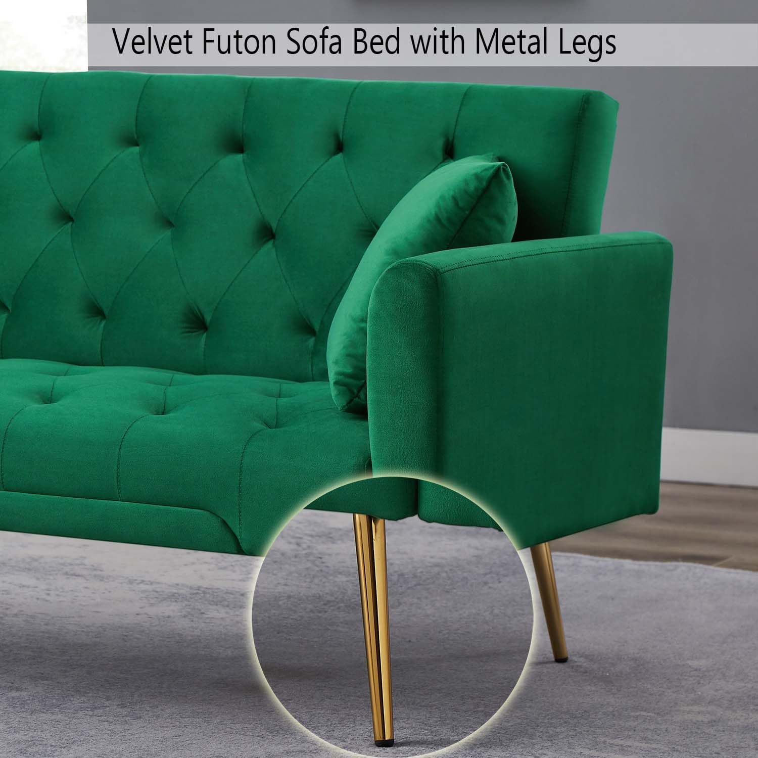 STELSIPLIY Sofá cama futón de terciopelo de 72 pulgadas con patas de metal y 2 almohadas, sofá cama moderno, sofá biplaza convertible tapizado con