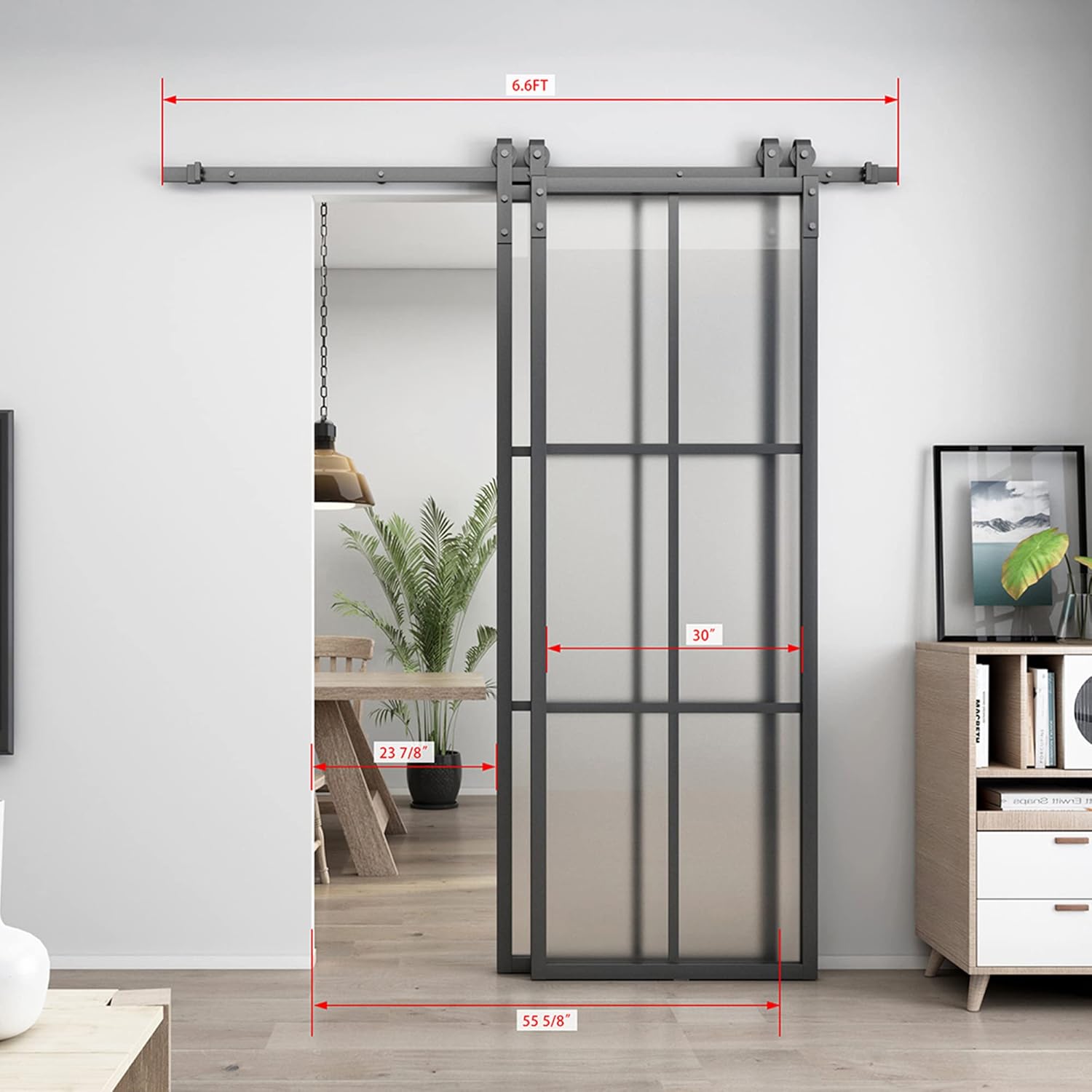 BARNSMITH Bypass – Puerta de granero de vidrio doble de 60 x 84 pulgadas con kit de herramientas de montaje lateral de 6.6 pies, 2 juegos de puertas