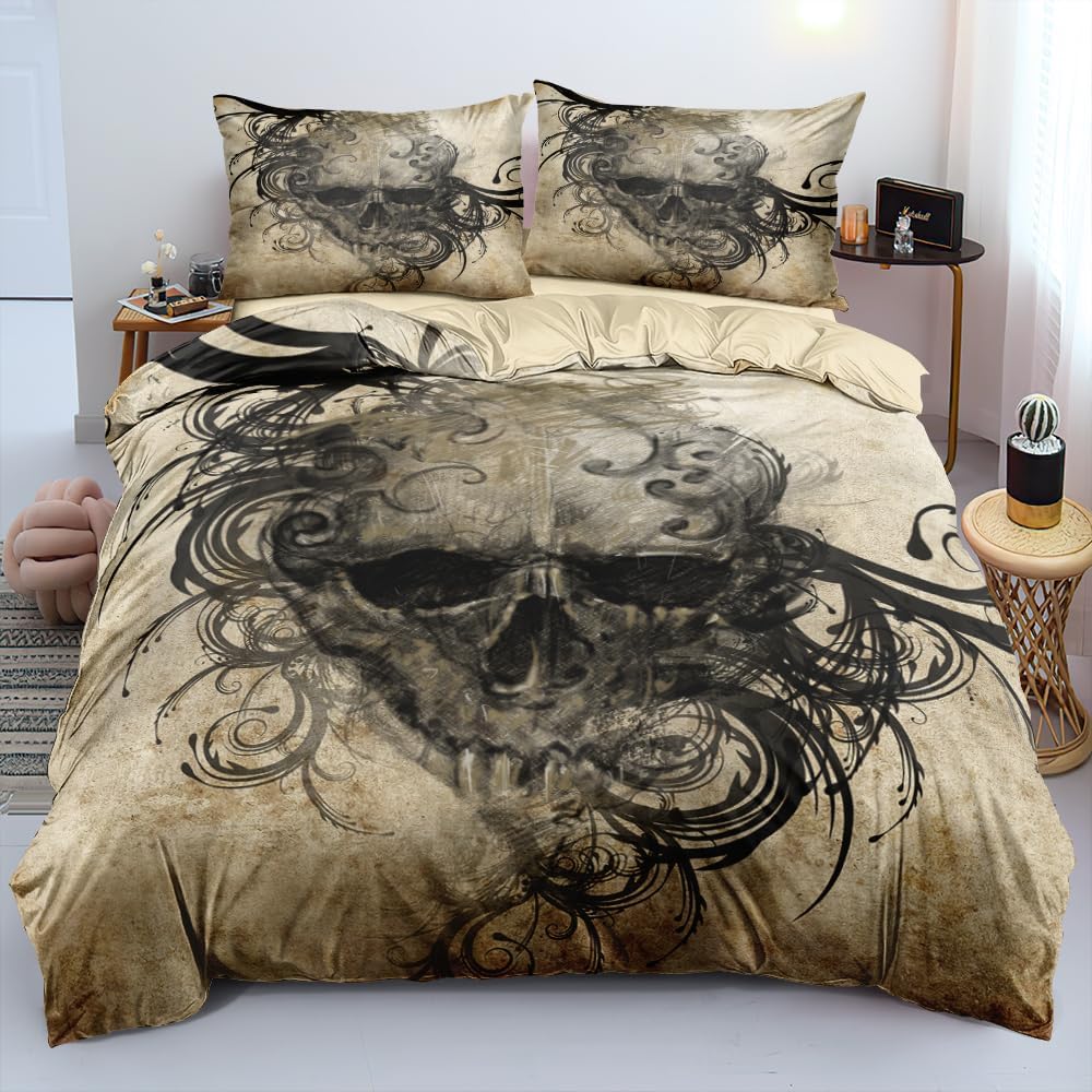 Juego de funda de edredón gótica, tamaño King, funda de edredón y fundas de almohada de calavera espeluznante para Halloween, juego de ropa de cama