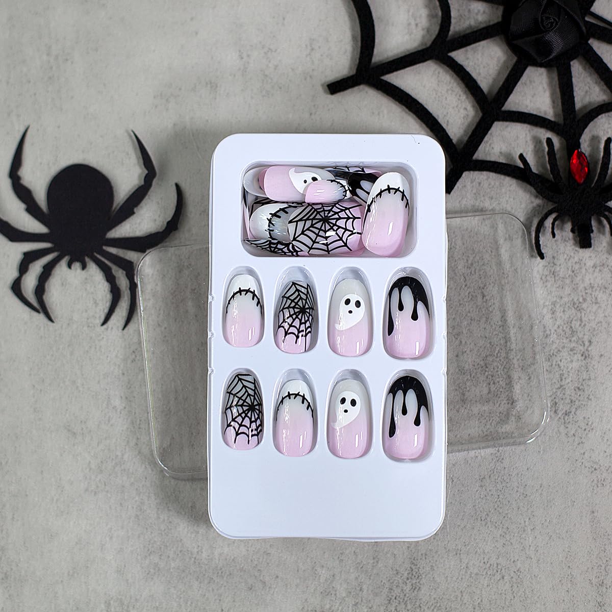 Uñas postizas ovaladas a presión de Halloween, uñas acrílicas de color rosa degradado con diseño de fantasmas, uñas con pegamento en las uñas