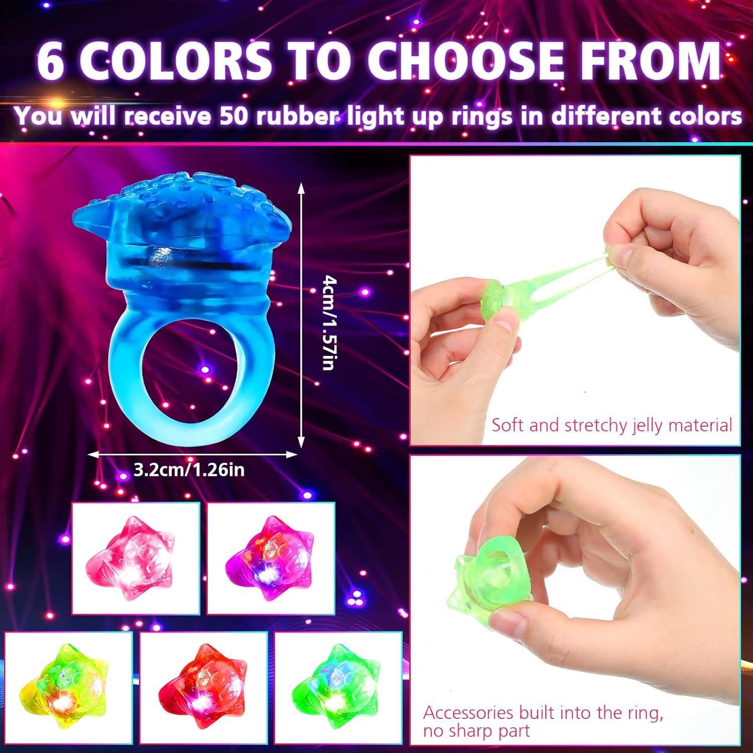 50 anillos LED intermitentes iluminados con luces de gelatina, coloridos anillos brillantes para fiestas, juegos de clase, premios, Halloween, San