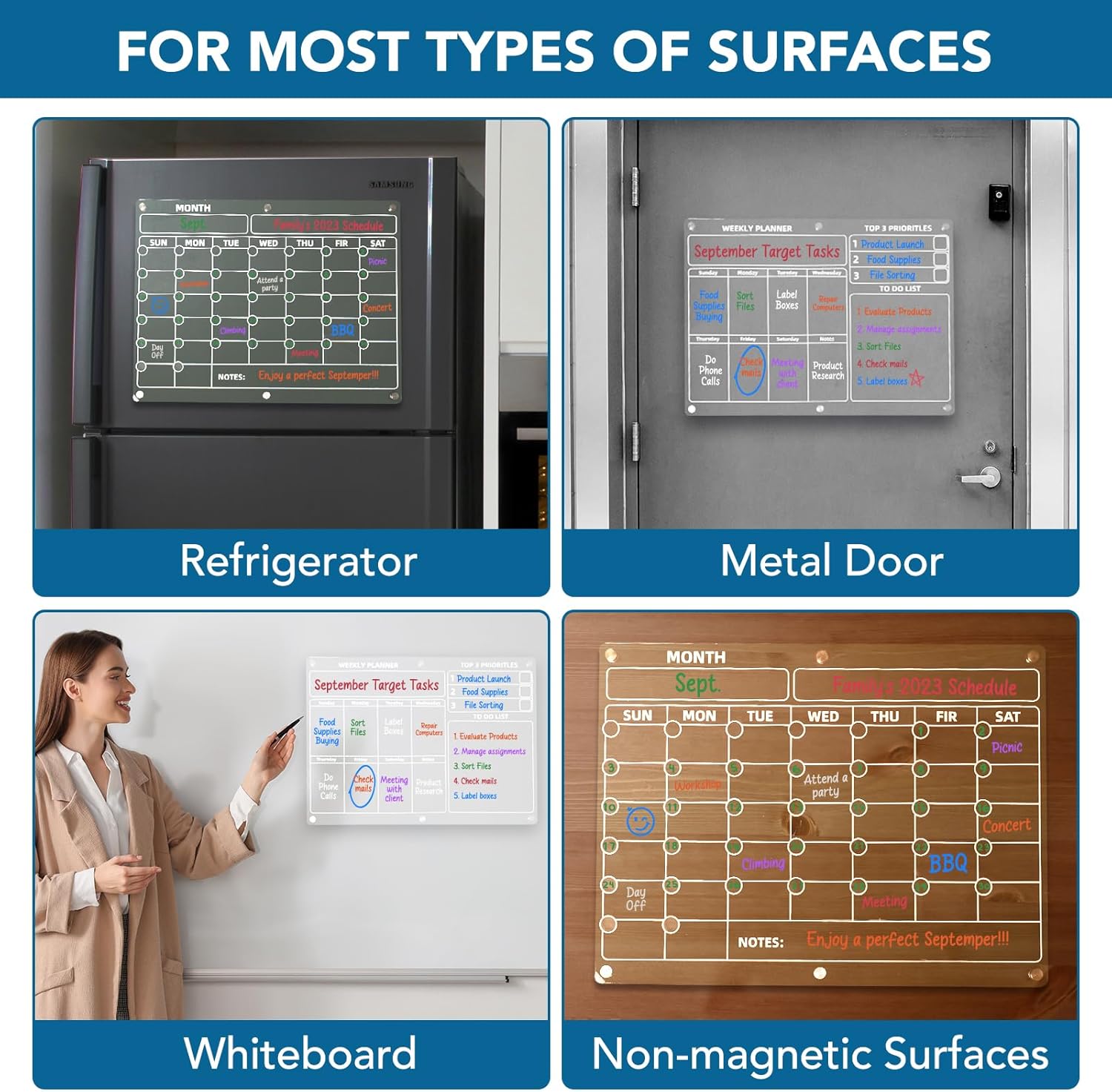 Tablero de calendario magnético acrílico para refrigerador 2 piezas claro mensual y semanal, 16 x 12 pulgadas, calendario de planificación