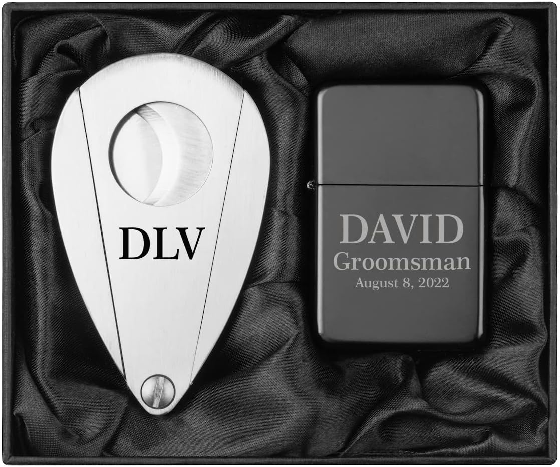 Cortador de cigarros de acero inoxidable grabado y encendedor personalizado personalizado (negro, personalizado)