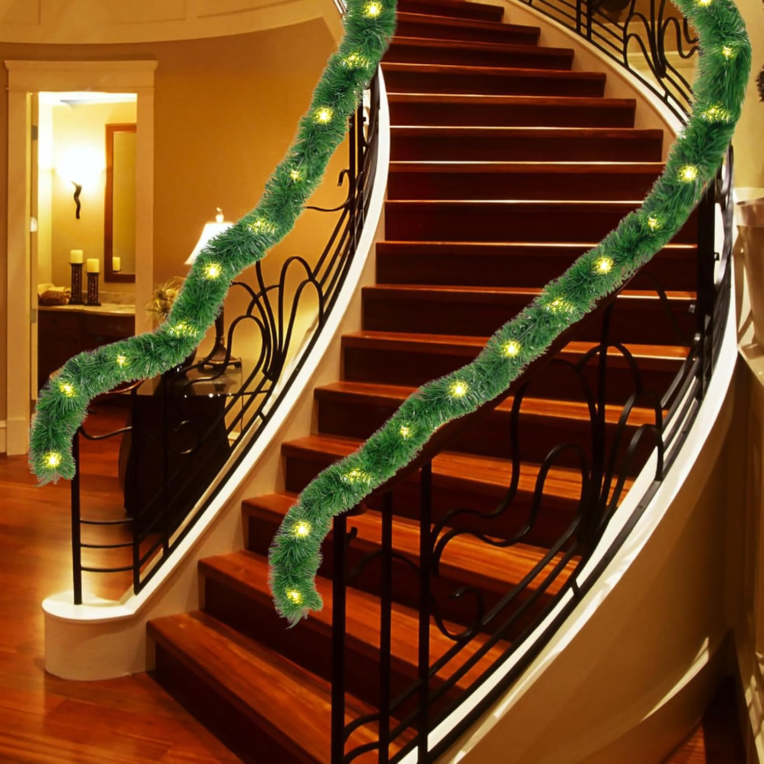 Guirnalda de Navidad de 18 pies, 60 luces LED preiluminadas, guirnalda de Navidad artificial, decoración de Navidad iluminada para interiores,