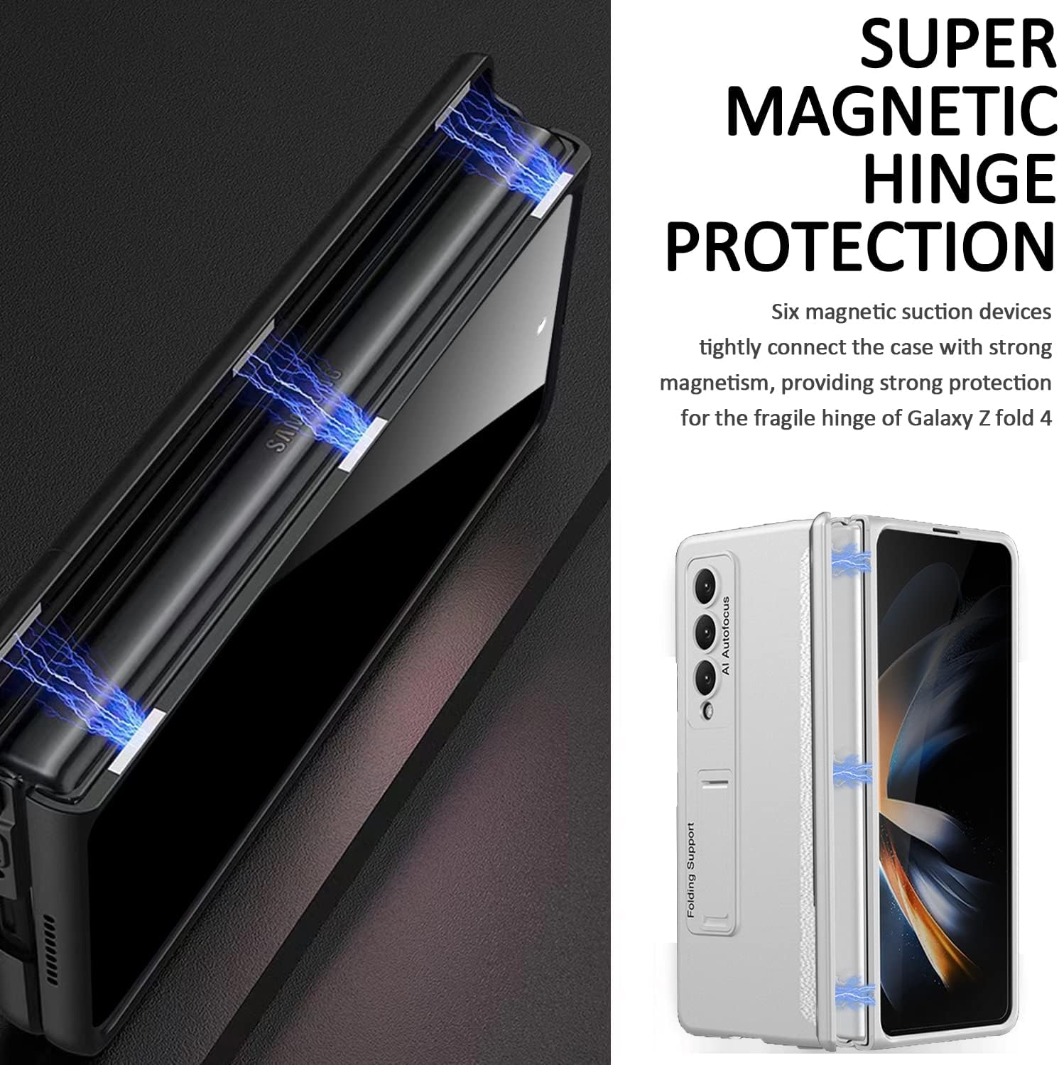 Miimall Funda para Samsung Galaxy Z Fold 4 con protector de pantalla de privacidad, soporte ajustable integrado y protección magnética de bisagra,