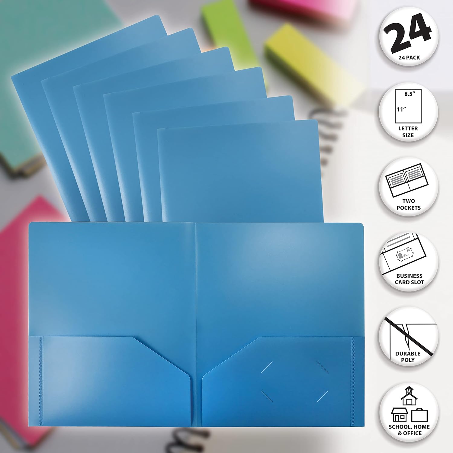 Better Office Products Carpetas de plástico azul claro pesado con 2 bolsillos, paquete de 24, carpetas de polietileno tamaño carta, paquete de 24,