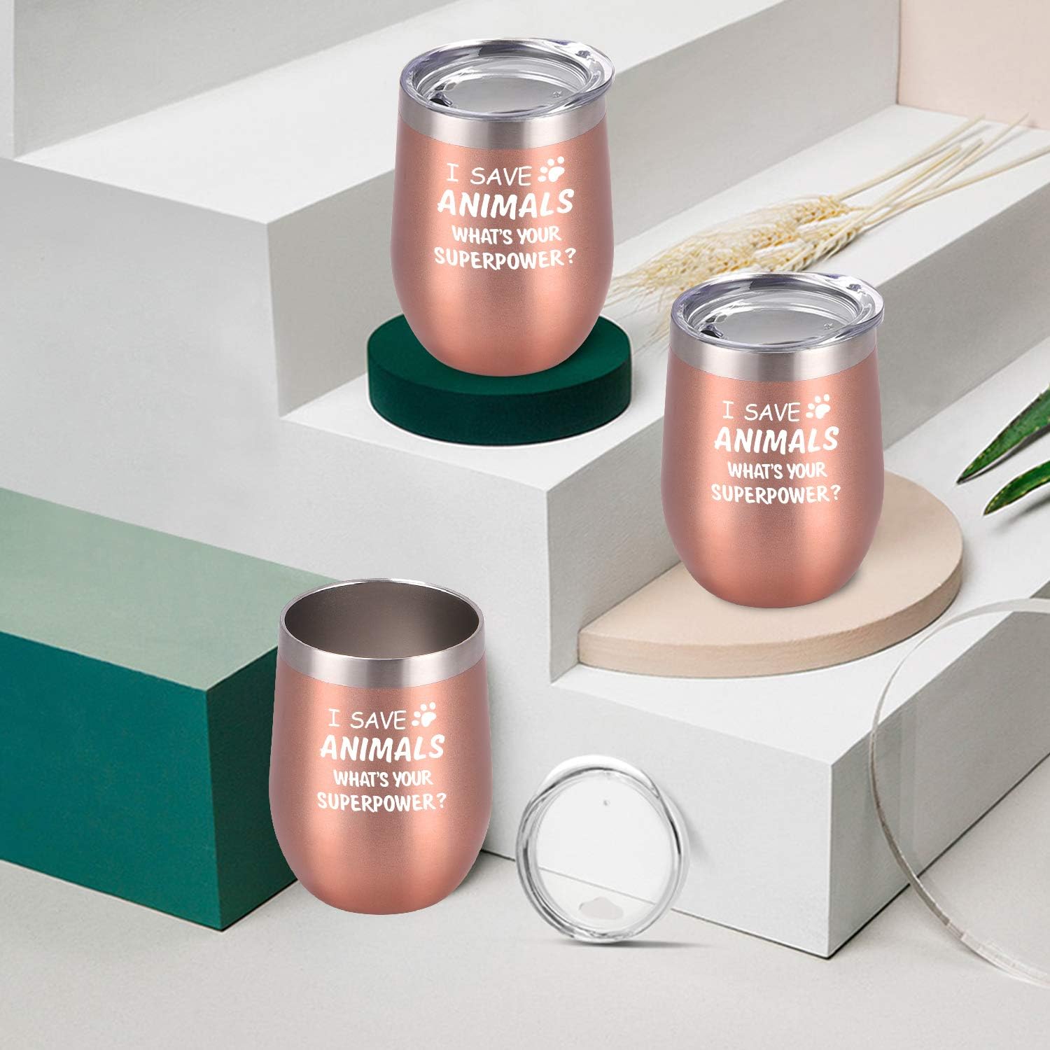 Paquete de 4 vasos de vino con tapa con texto en inglés “I Save Animals, Whats Your Superpower”, de acero inoxidable, ideas de cumpleaños y Navidad