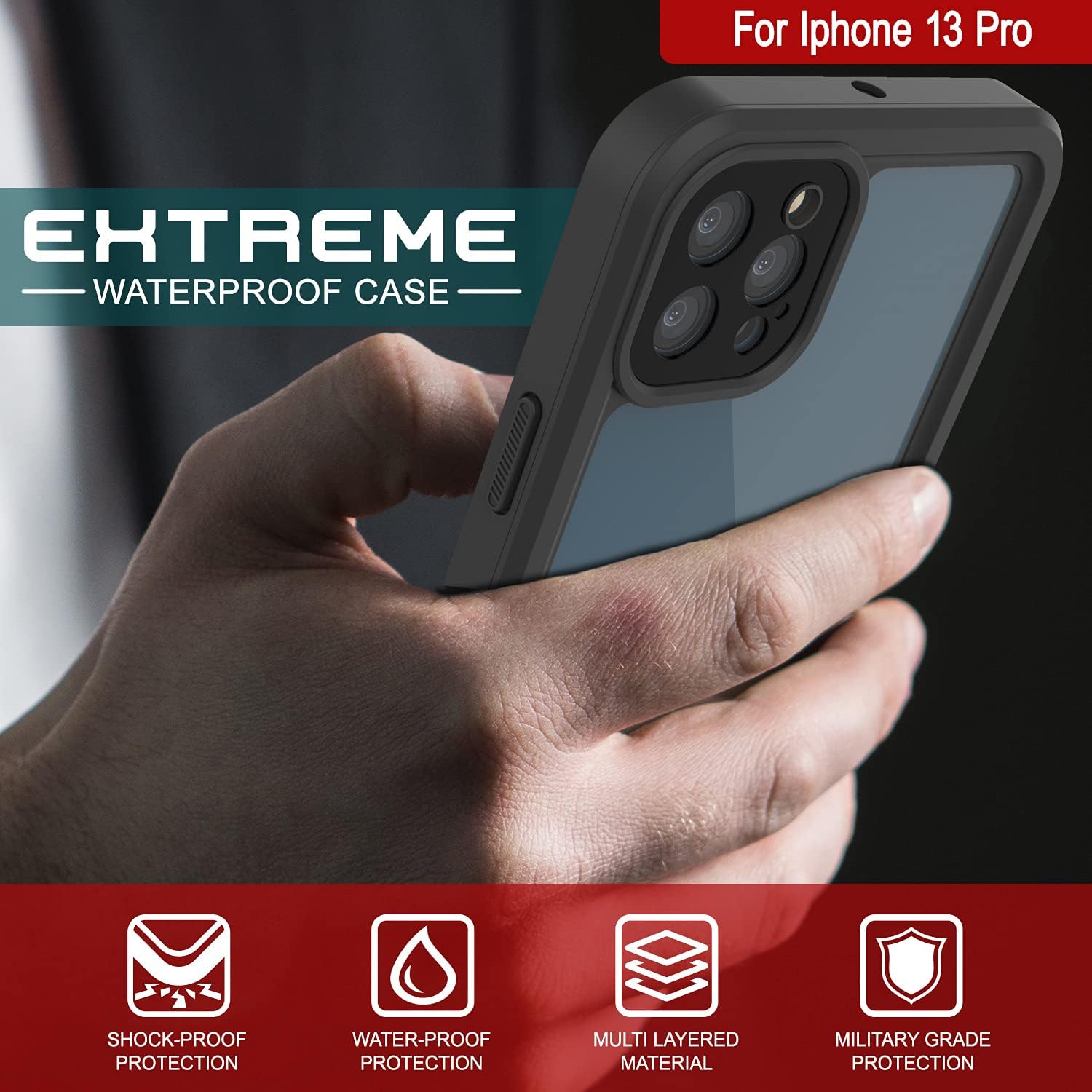 Punkcase Funda impermeable para iPhone 13 Pro Extreme Series Slim Fit Certificado IP68 a prueba de golpes a prueba de nieve con protector de