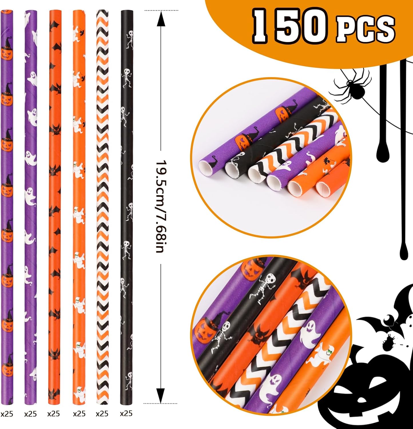 150 popotes de papel de Halloween, 6 estilos mixtos, pajitas desechables para fiestas de Halloween, suministros de decoración de fiesta de Halloween