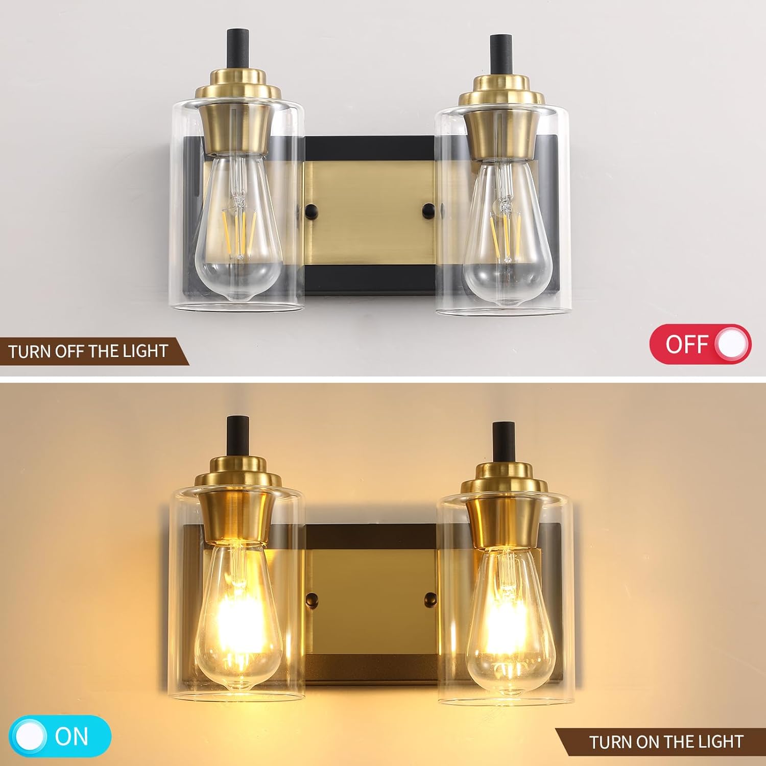 2 lámparas de tocador de baño, modernas luces negras y doradas, lámparas de baño sobre espejo con pantalla de vidrio transparente, apliques de pared