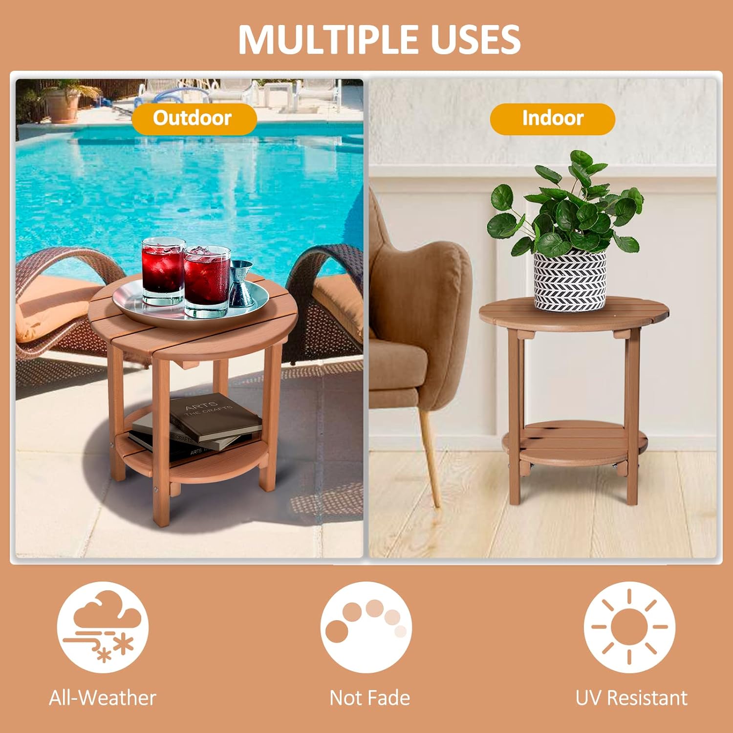 LOENIY Mesa auxiliar de 2 niveles para exteriores HDPE Adirondack mesa auxiliar para patio con grano similar a la madera, mesa auxiliar resistente a