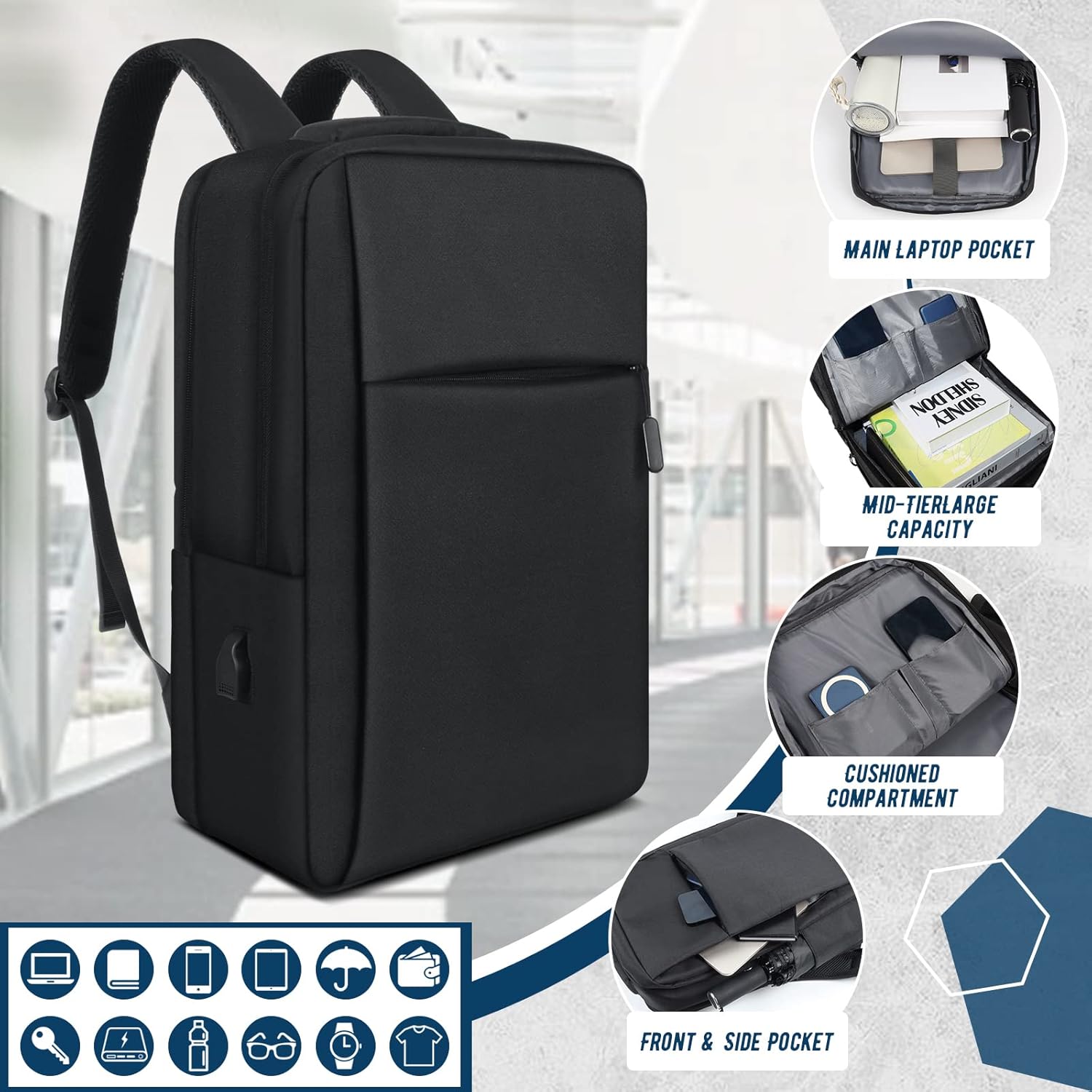 C-Kvkechos Mochila para hombre, mochila de viaje de 17.3 pulgadas, mochila antirrobo, mochila ligera con cargador resistente al agua, mochilas