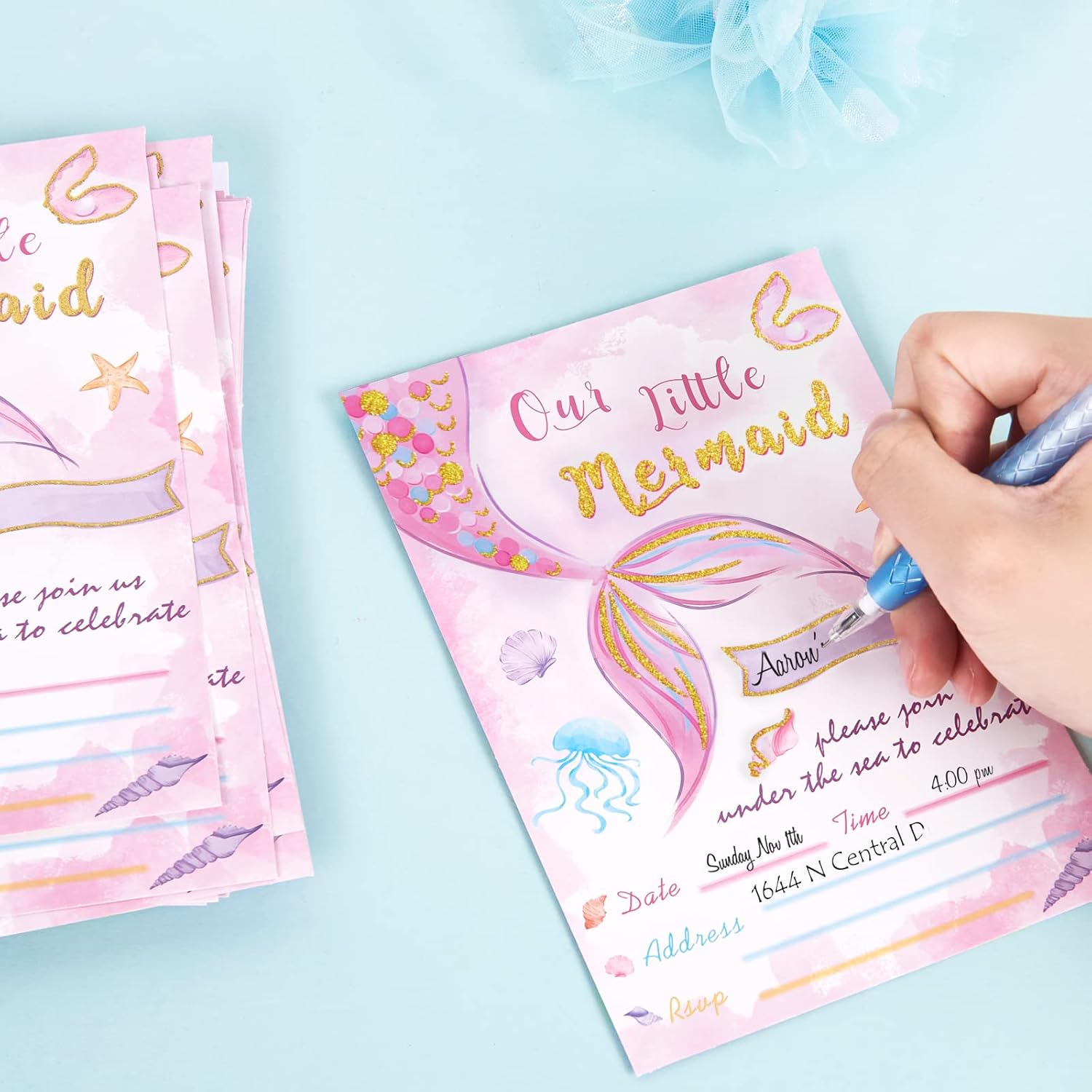 WERNNSAI Invitaciones de fiesta de sirena de acuarela, suministros de fiesta de sirena, paquete de 20 tarjetas de invitación de 5 x 7 pulgadas con