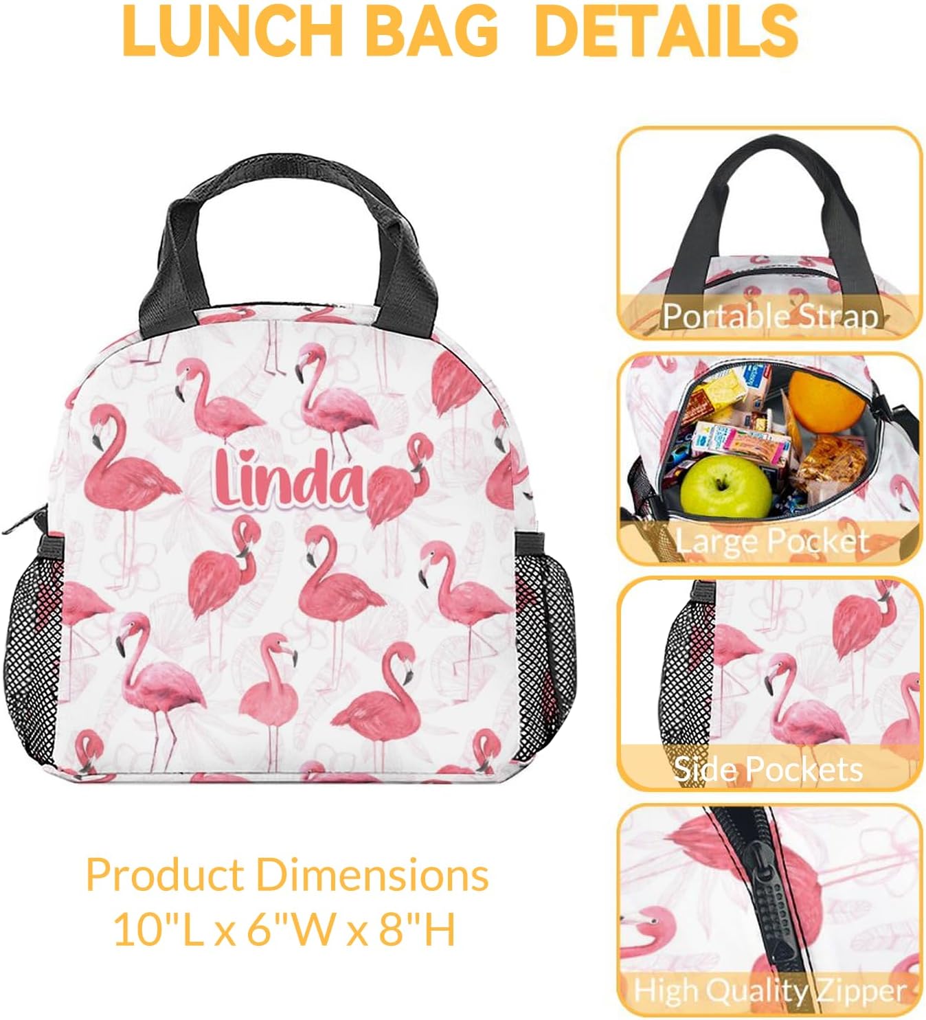 Lonchera de flamenco con nombre personalizado para niñas, pequeñas bolsas de almuerzo personalizadas, aisladas, bonita lonchera reutilizable para