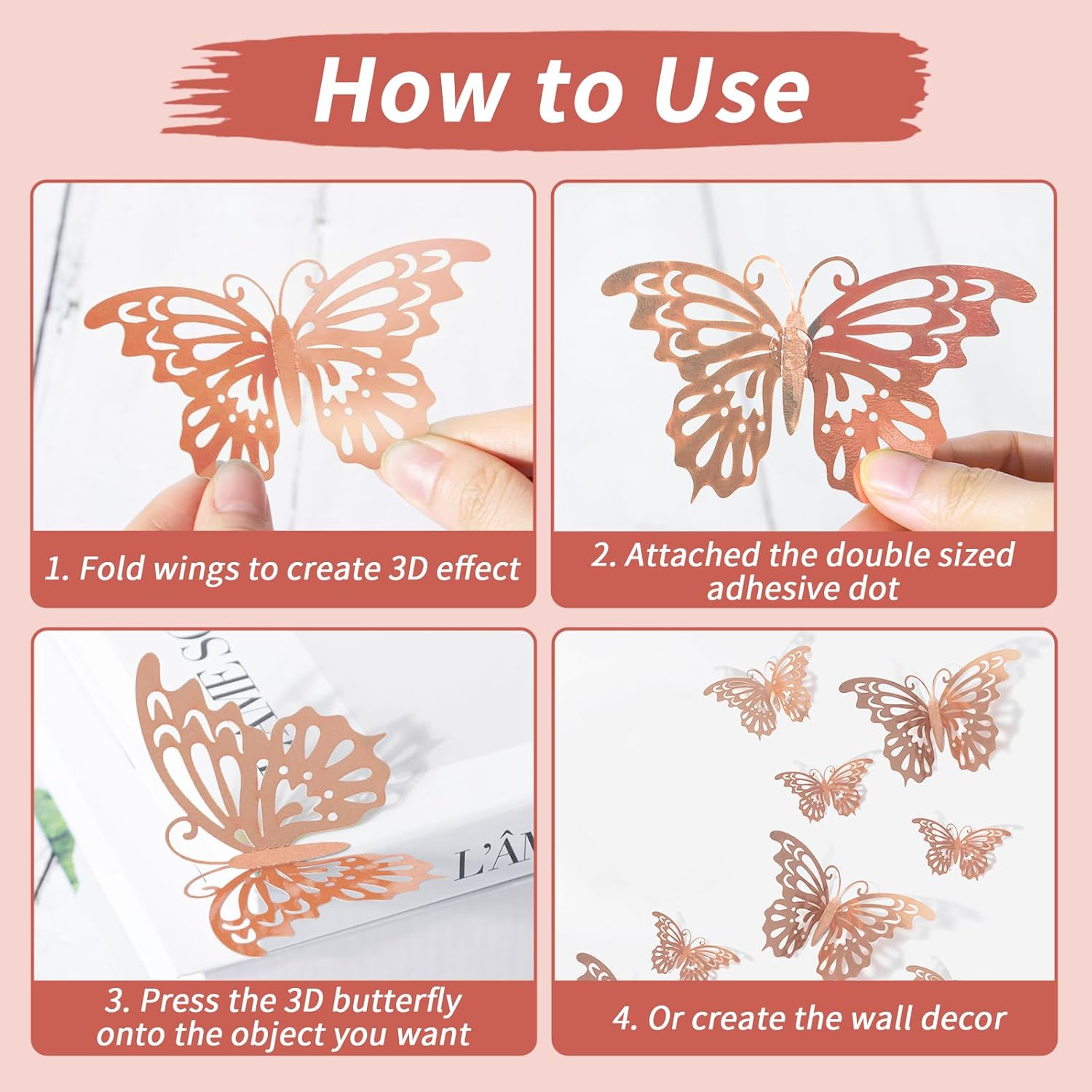 72 decoraciones de mariposa de oro rosa, decoración de mariposa 3D con 3 estilos 3 tamaños, calcomanías extraíbles de mariposa de oro rosa para