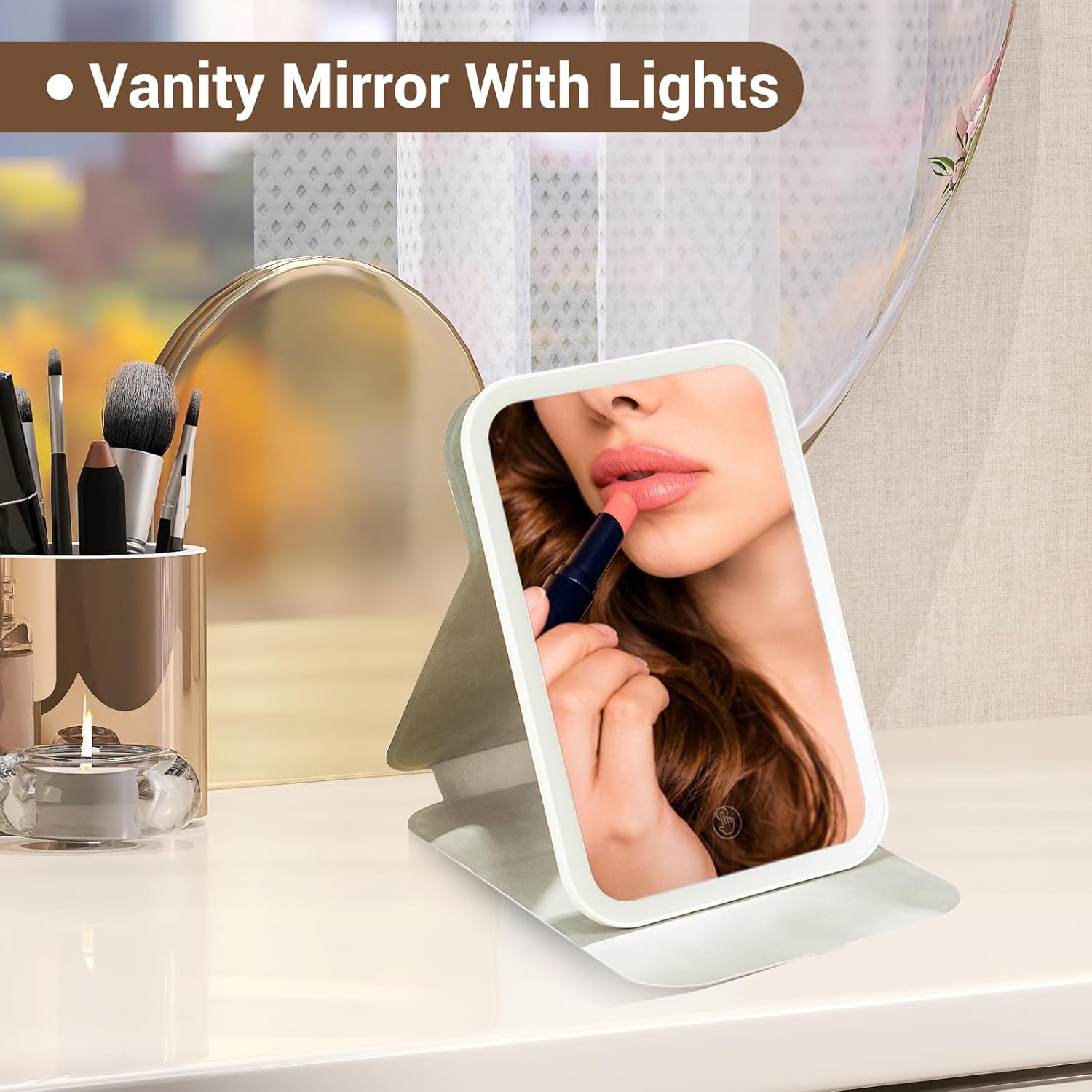 GcSige Espejo de tocador de viaje recargable con luces, espejo de belleza de maquillaje iluminado portátil, 3 modos de iluminación de color,
