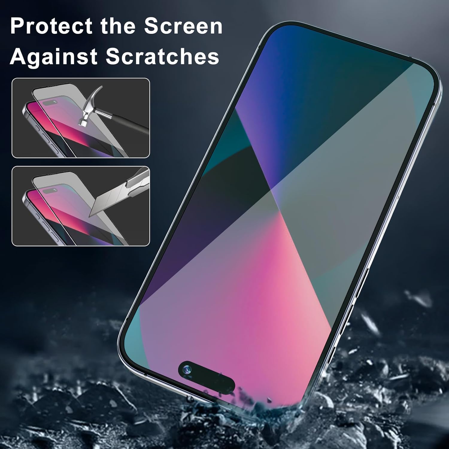 Protector de pantalla de borde de titanio compatible con iPhone 15 Pro Max, 2 unidades película de vidrio templado 9H, protector de pantalla