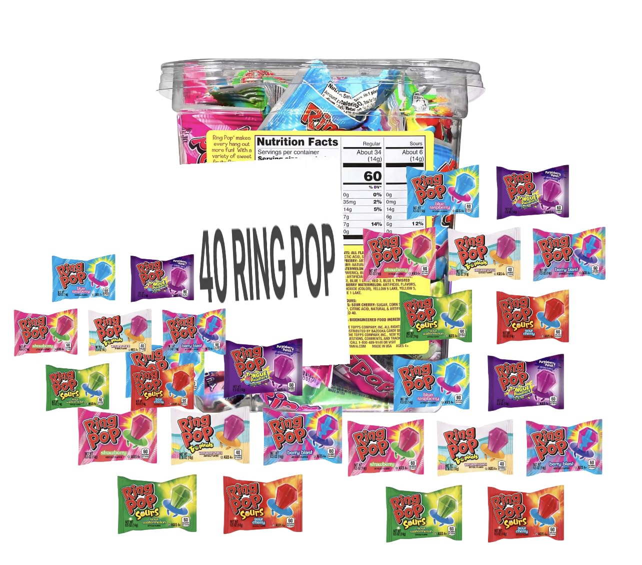RING POPS (paquete variado a granel de 40 unidades)  Ring Pop envueltos individualmente a granel paletas paquete variado de ventosas  Surtido de