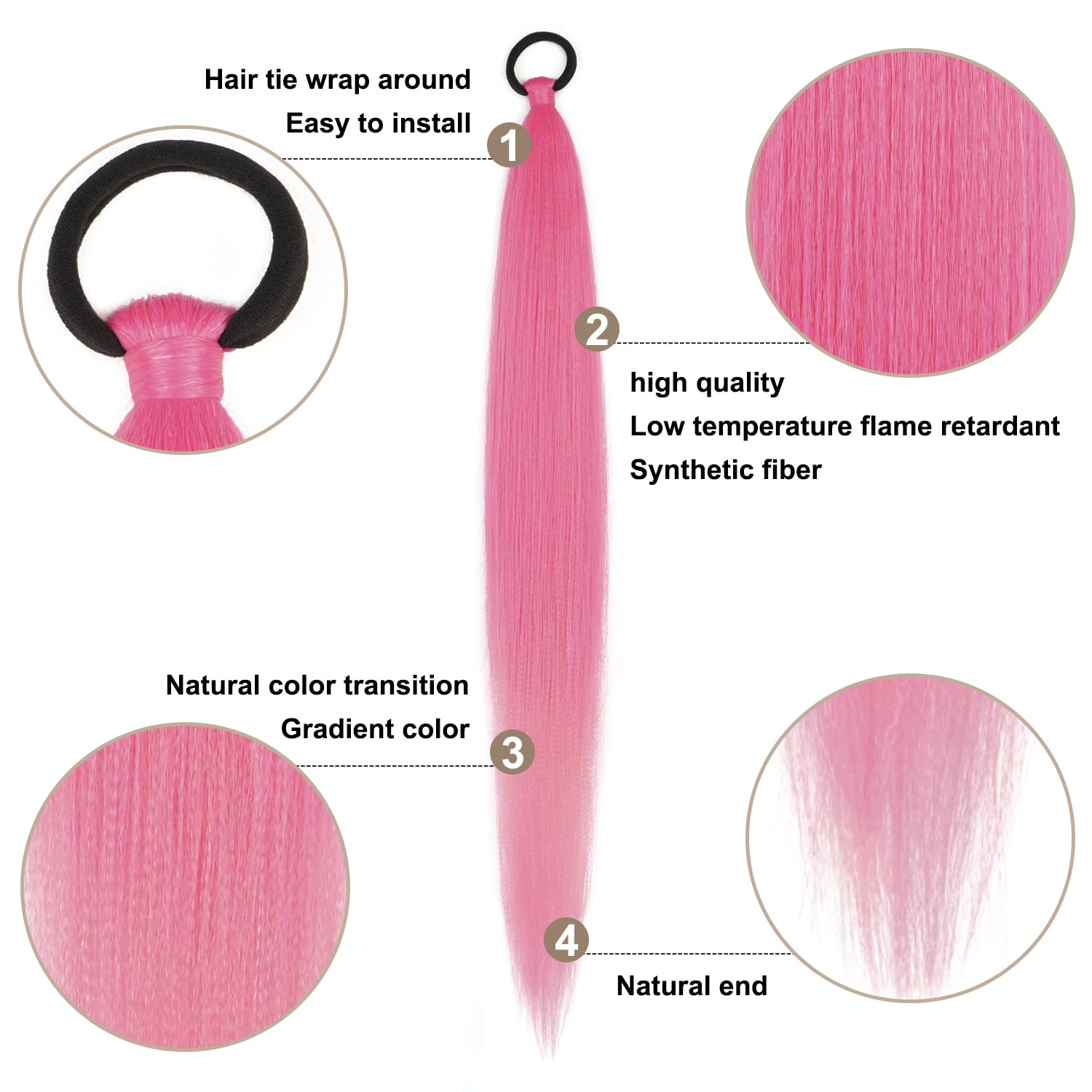 Paquete de 2 extensiones de cola de caballo trenzada con lazo elástico, recta y elegante peluca trenzada envolvente, color rosa degradado, 26