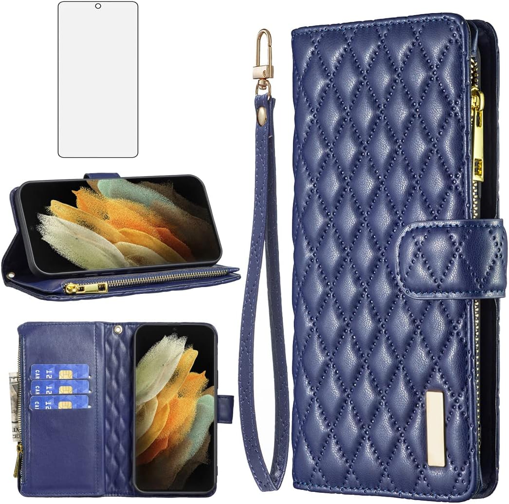 Asuwish Funda de teléfono para Samsung Galaxy S21 Ultra 5G Funda tipo cartera con protector de pantalla de vidrio templado y tarjetero de cuero con